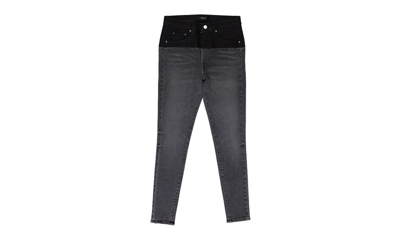 CONTRAST FABRIC WITH LEATHER AGED SKINNY JEANS "Aged Black, Black Leather" 1