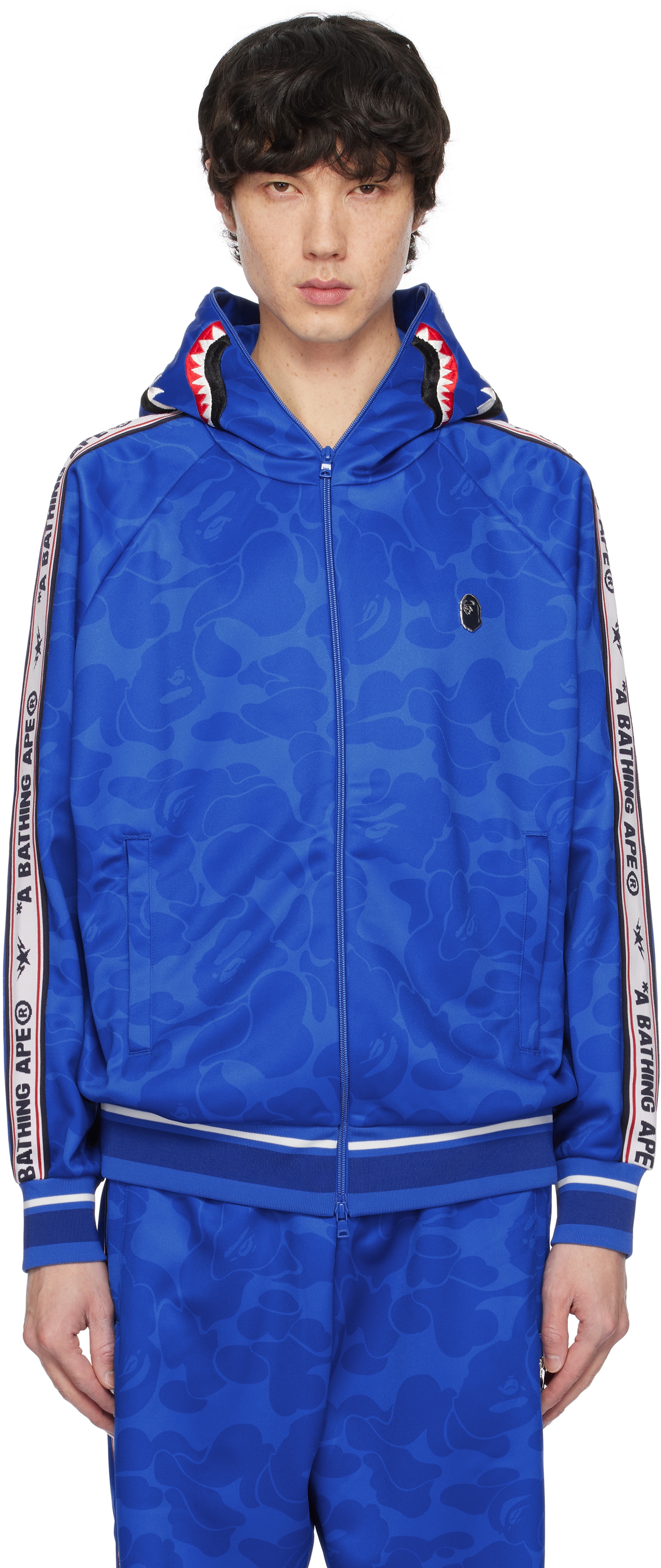 Blue Solid Camo Relaxed Fit Shark Full Zip Hoodie - 1