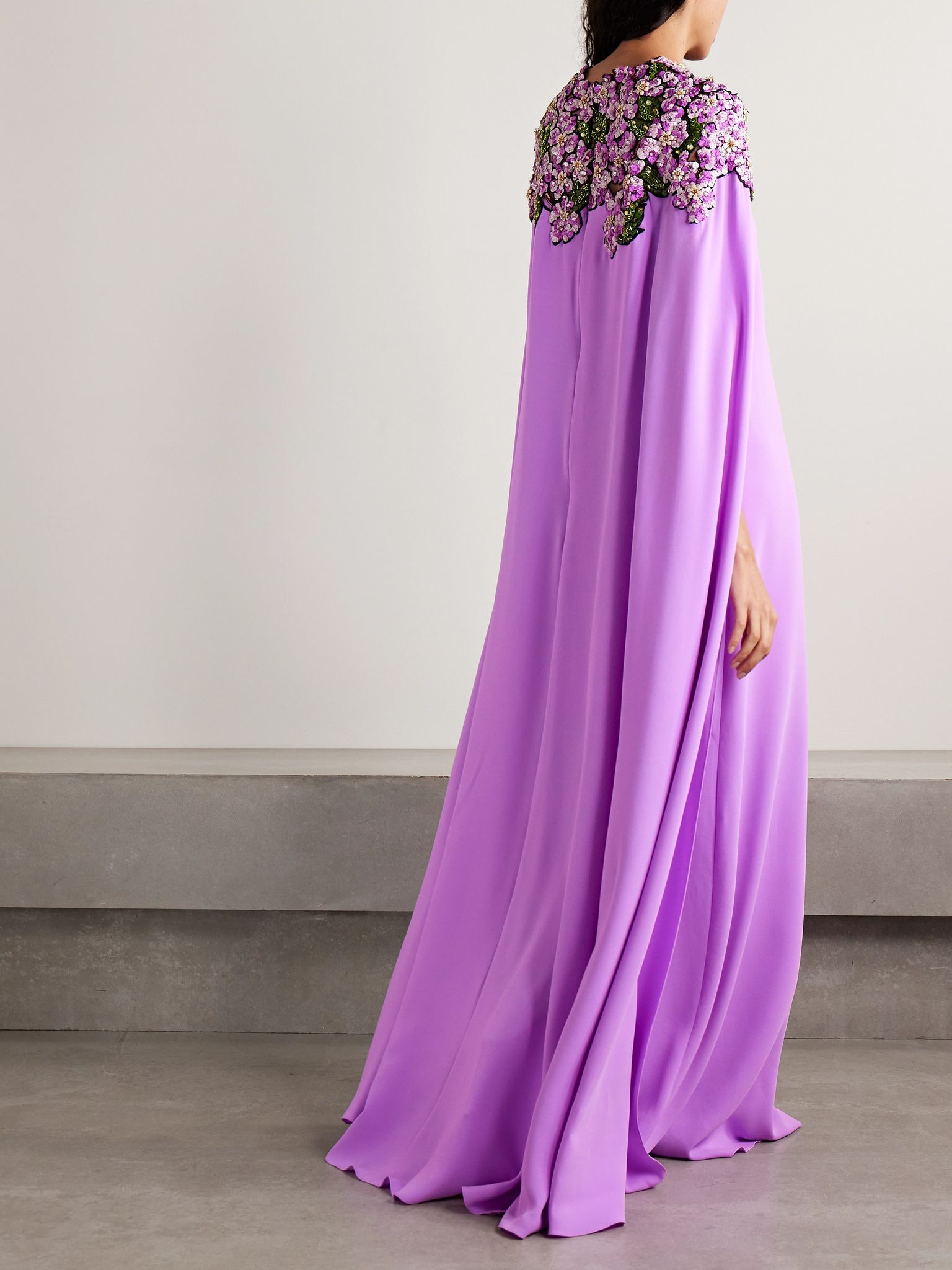 Cape-effect appliquéd embellished crepe gown Purple - 3
