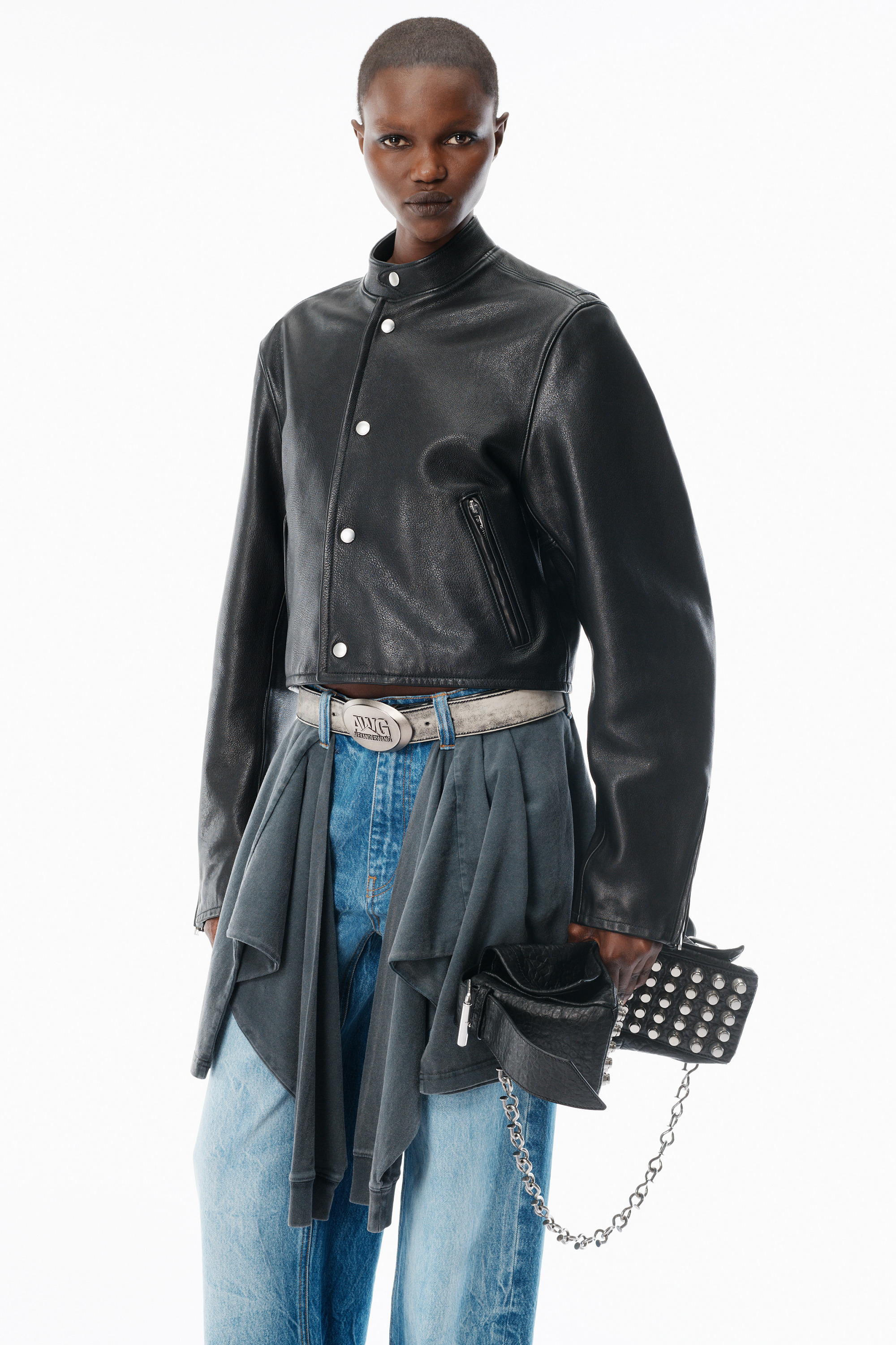 Black Glossy Leather Cropped Moto Jacket - 3