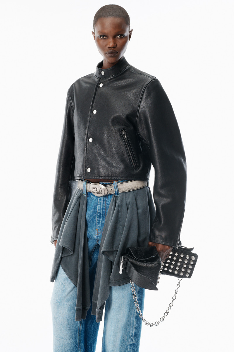 Black Glossy Leather Cropped Moto Jacket 3