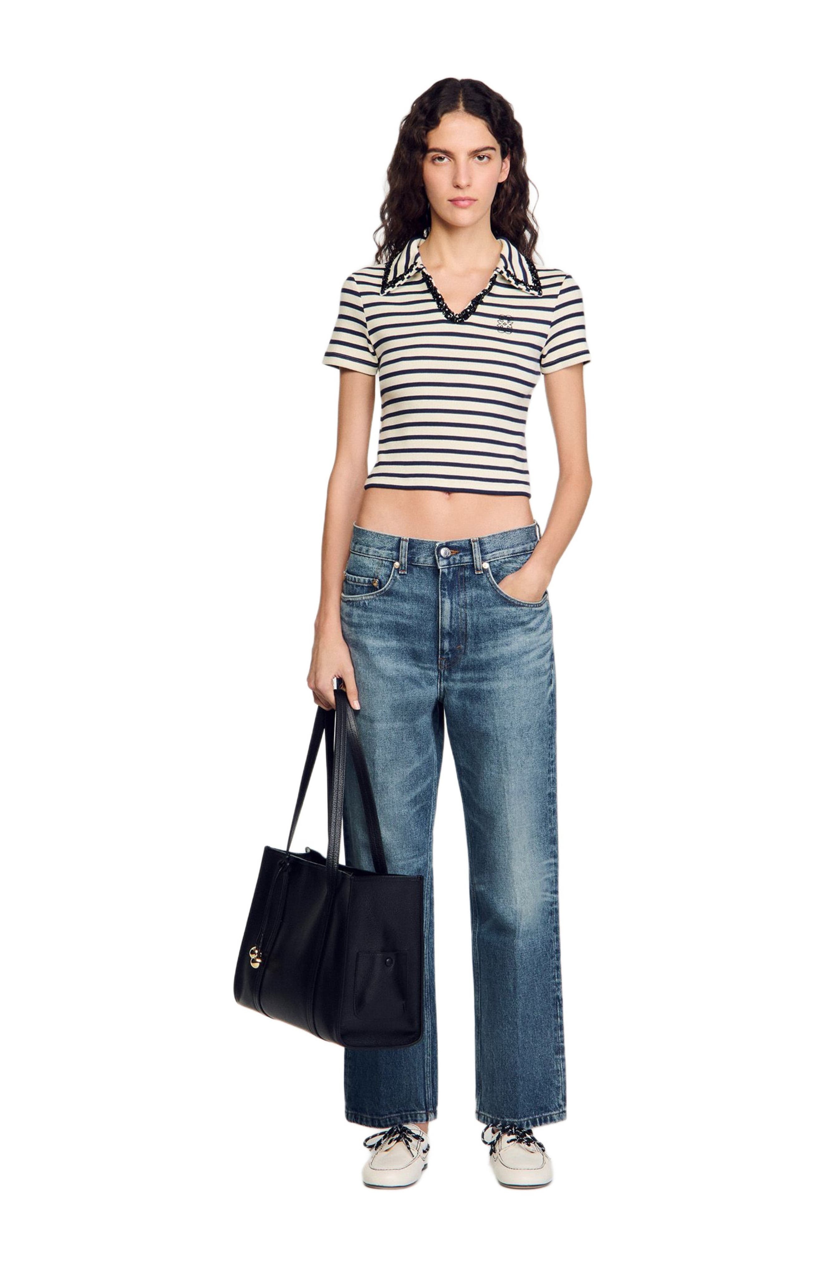 SANDRO Striped polo shirt in Ecru /Navy at Nordstrom - 6