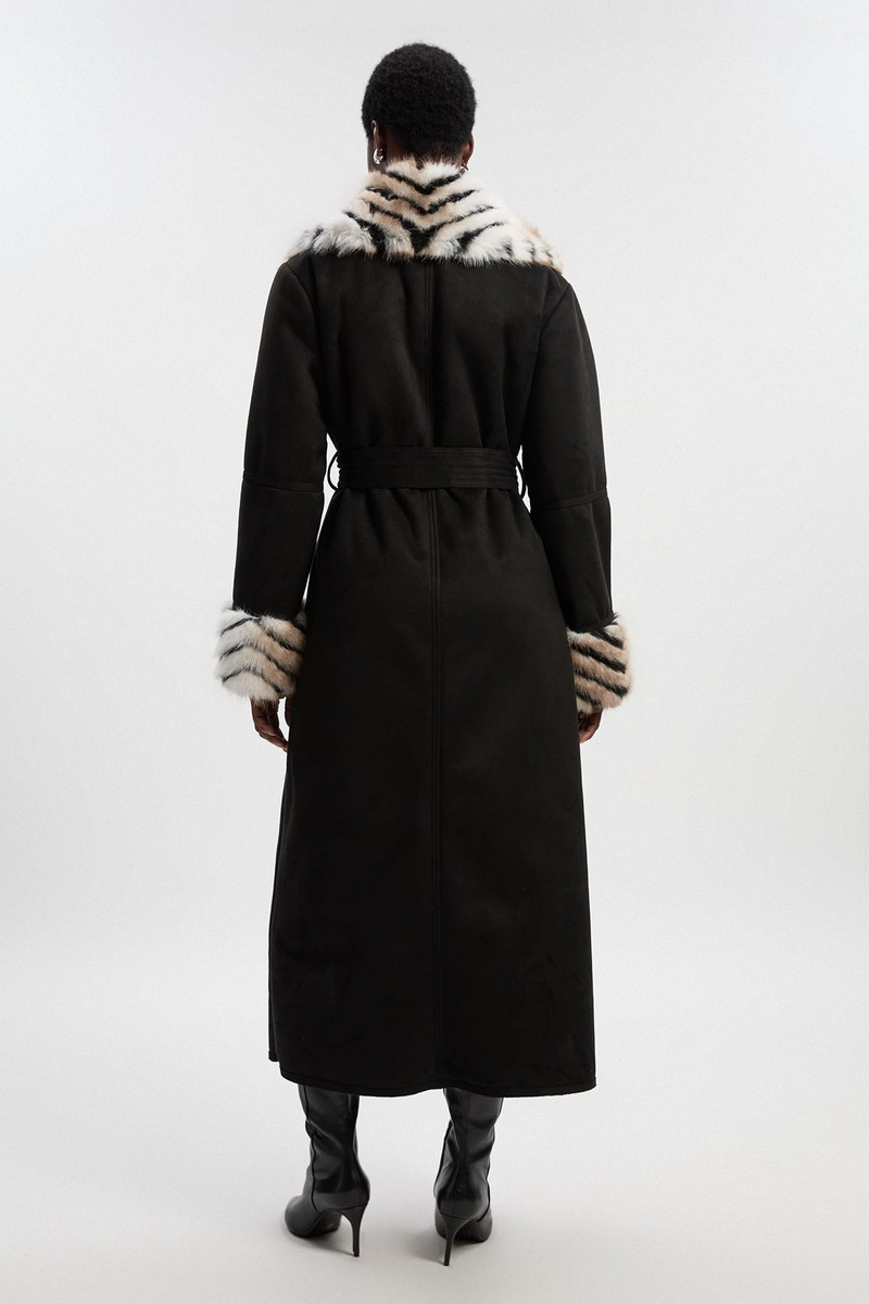 Faux Shearling Contrast Collar & Cuff Belted Maxi Coat 5