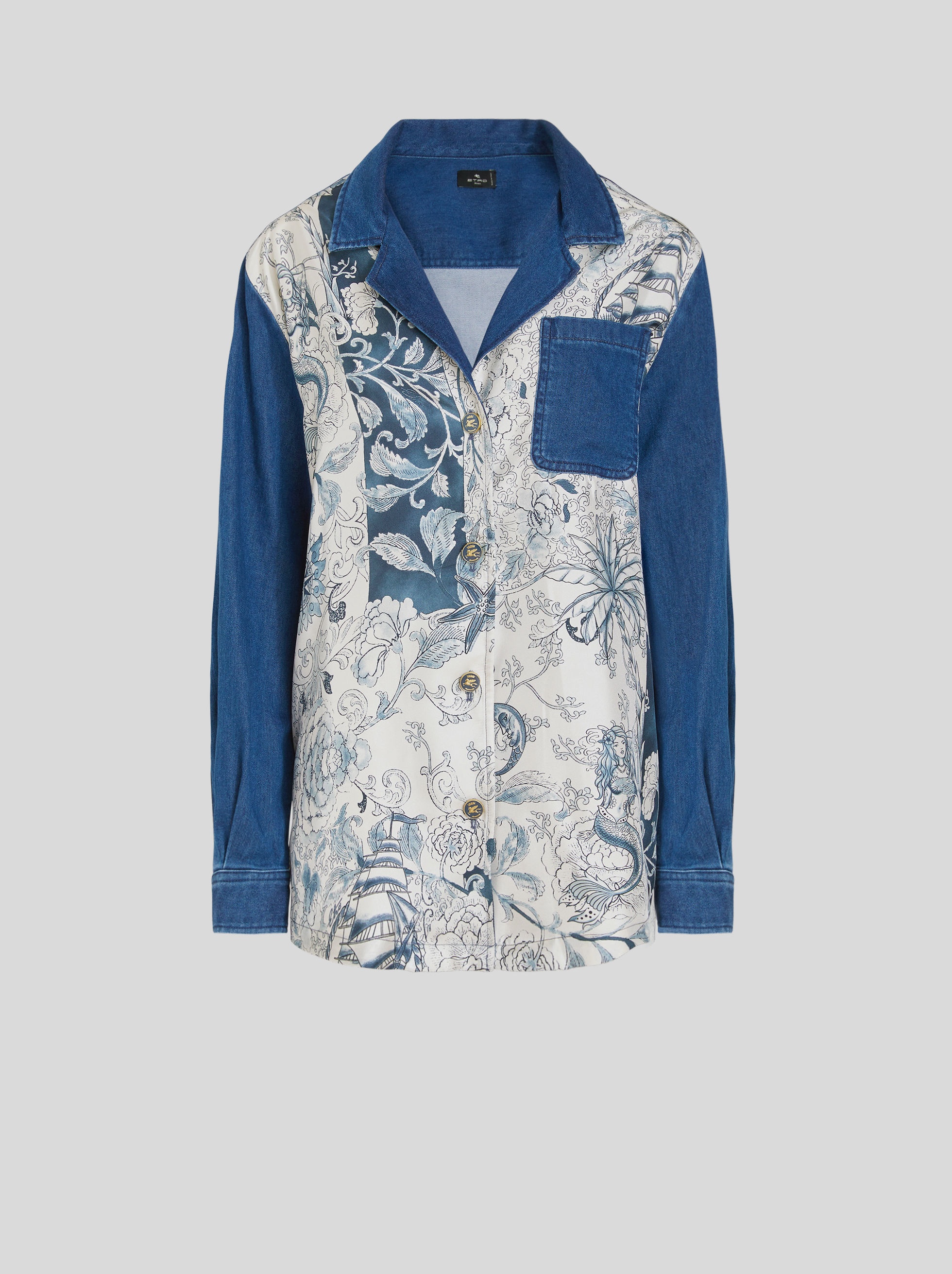 PRINTED DENIM AND SILK JACKET - 1