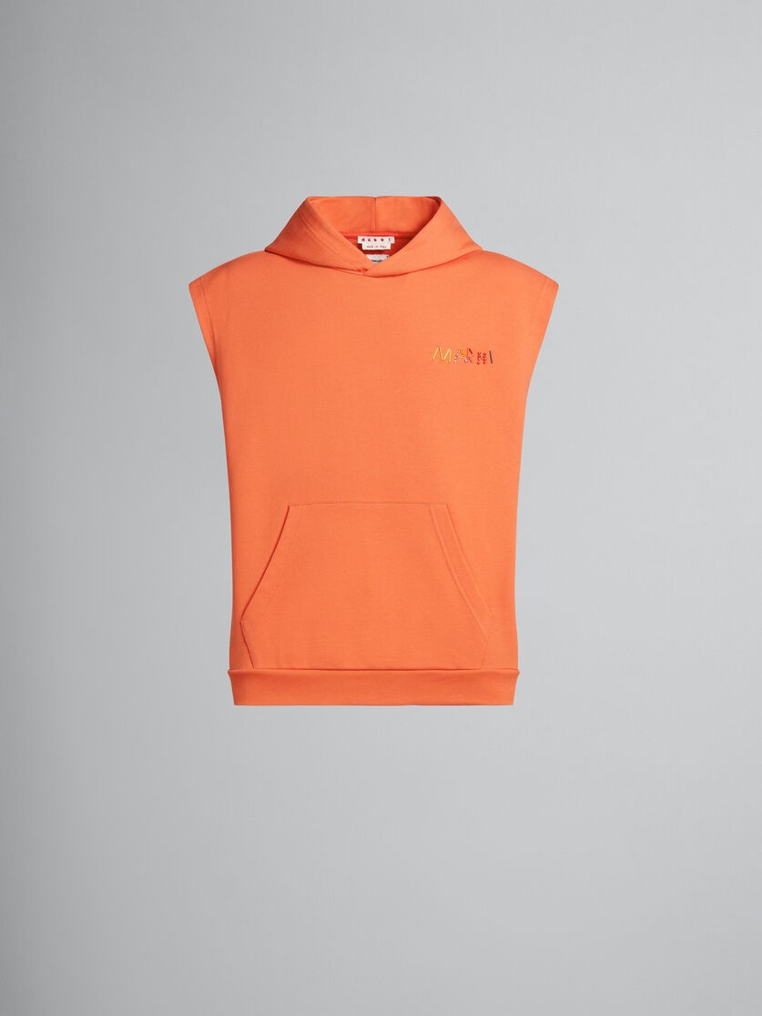 ORANGE SLEEVELESS COTTON HOODIE WITH LOGO PRINT - 1