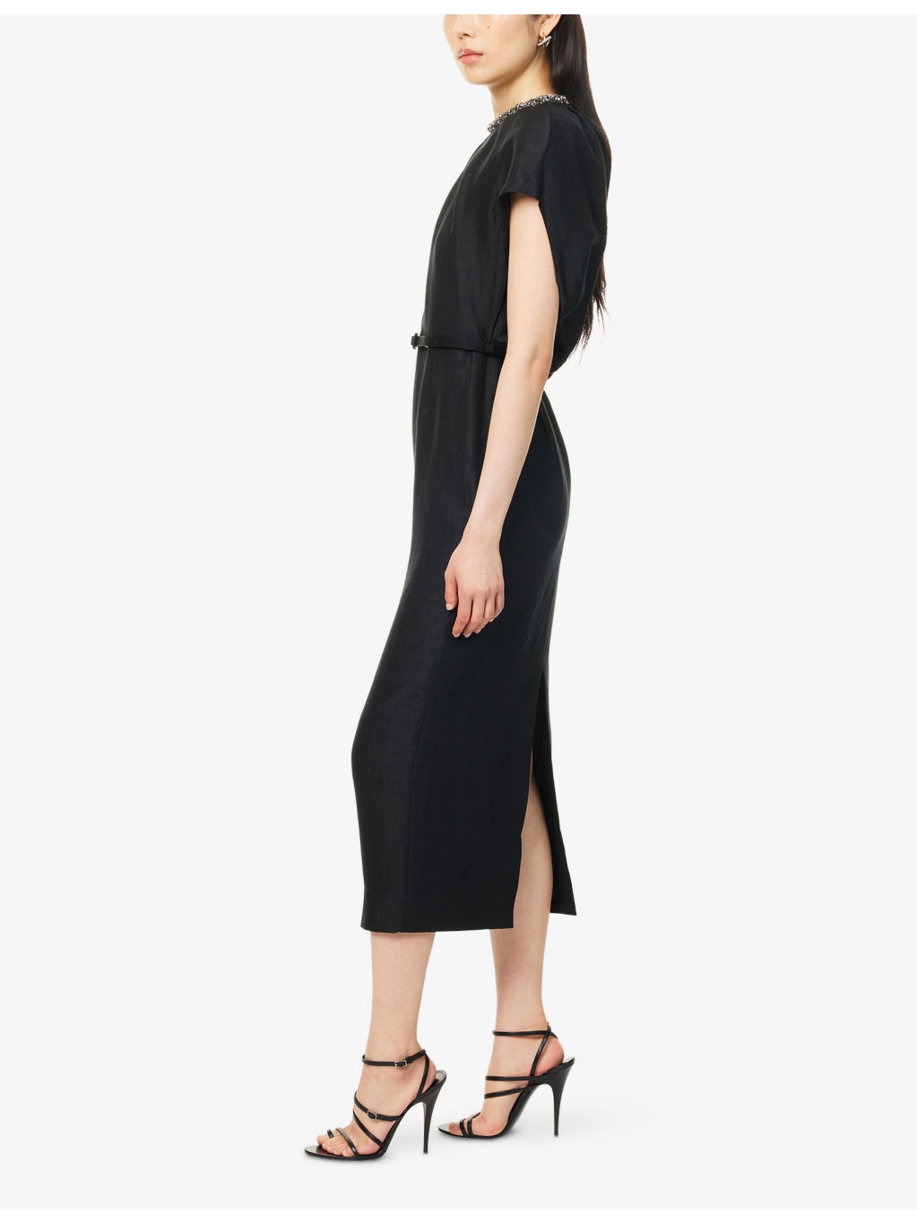 Rhinestone-Embellished Cap-Sleeves Woven Midi Dress - 3