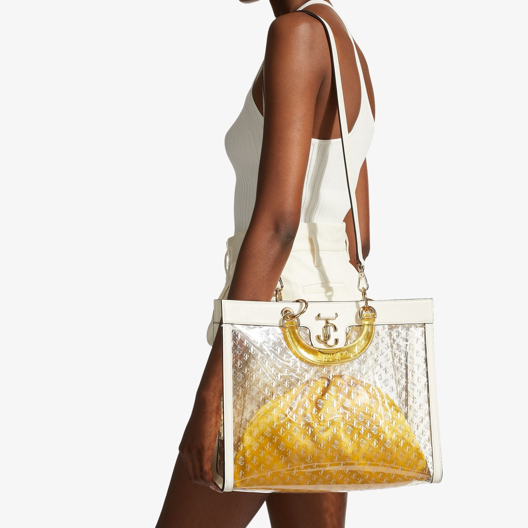 Varenne Top Handle Tote
Latte Leather Tote Bag with Yellow Plexi Handle - 4