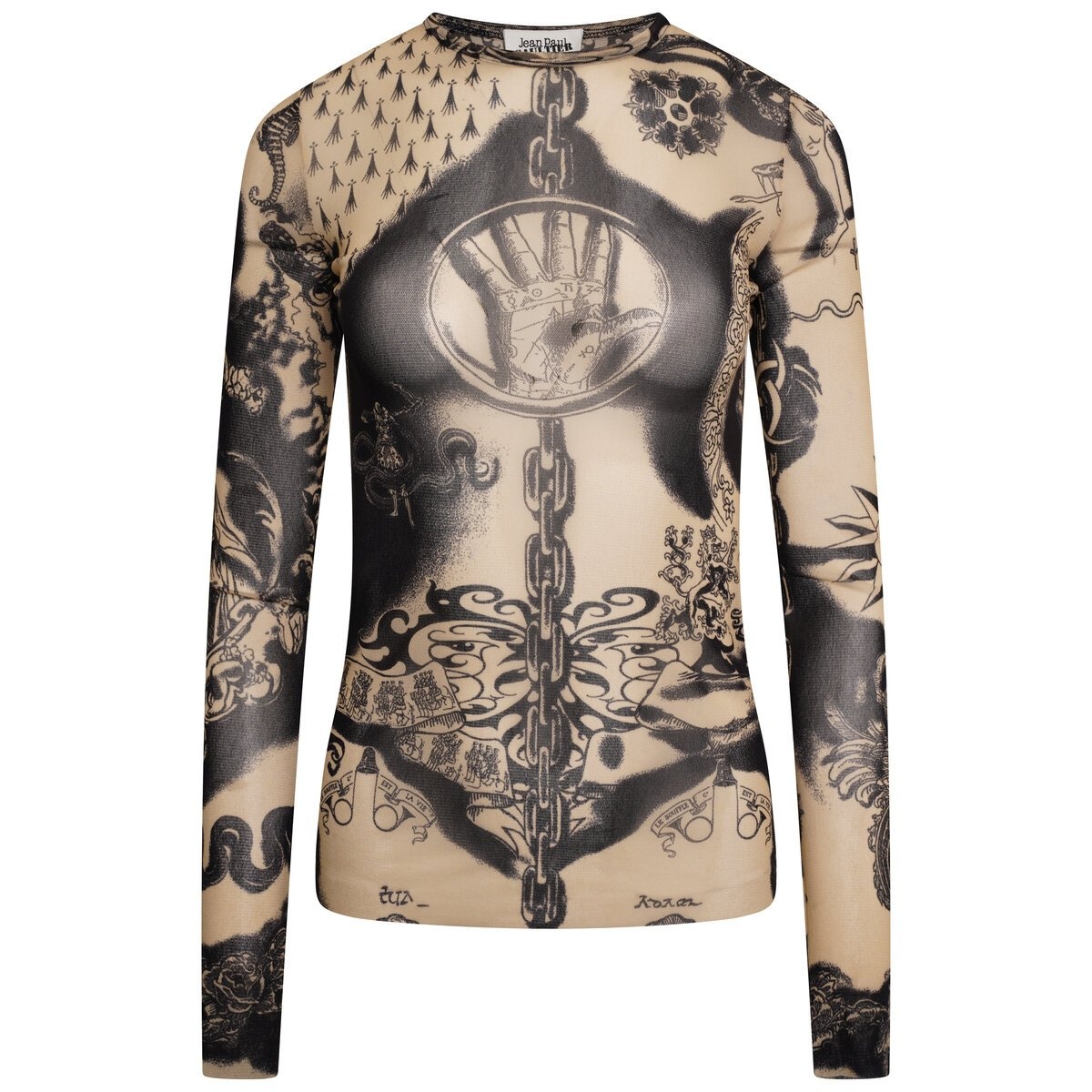 Jean Paul Gaultier The Long Sleeve Sheer Tattoo Print Top in Nude