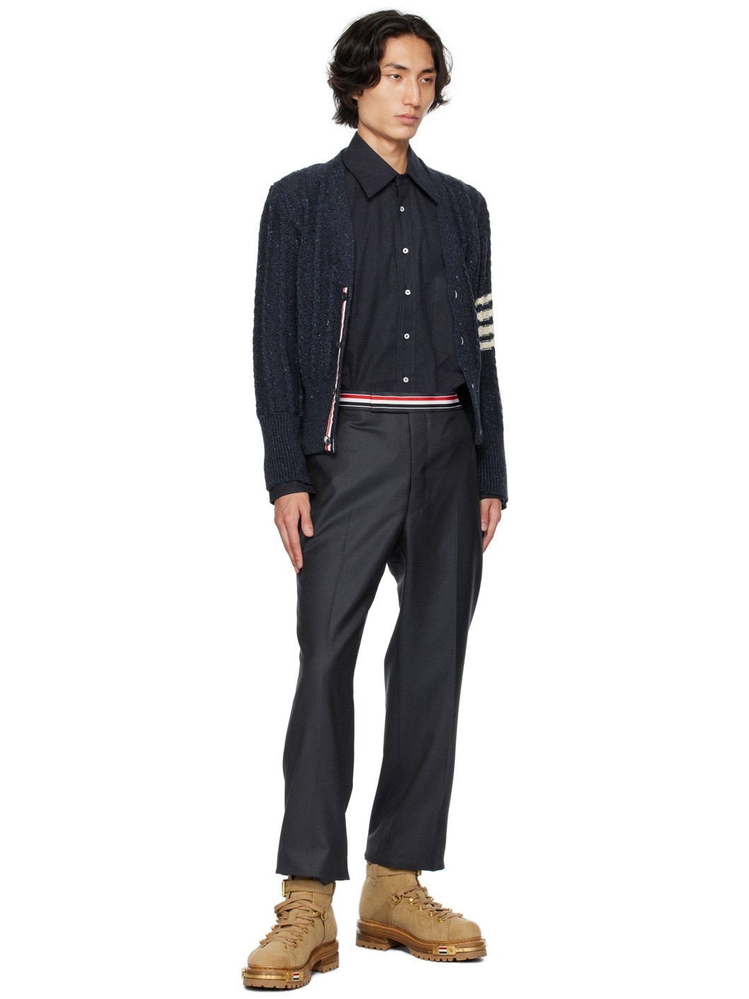 Thom Browne Donegal Twist Cable 4-Bar Classic V-Neck Cardigan