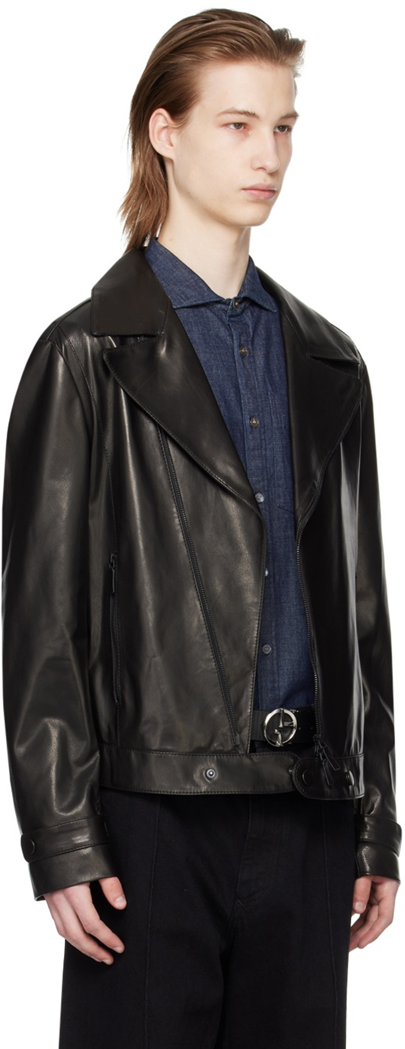 EMPORIO ARMANI Black Plongé Leather Jacket outlook