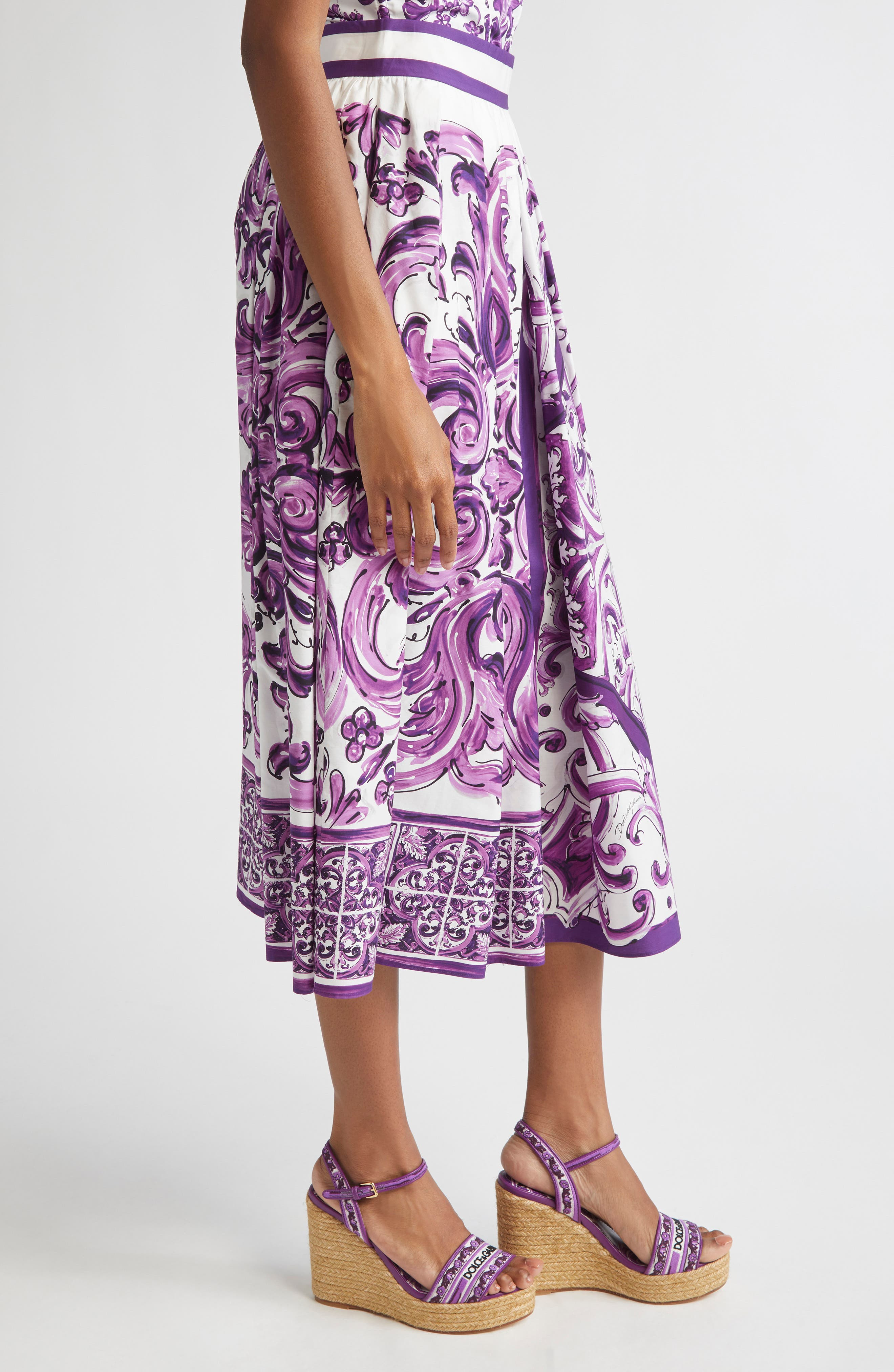 Dolce&Gabbana Majolica Print Cotton Poplin A-Line Midi Skirt in Hp5Dq Mix Maiolica L Viola at Nordst - 4