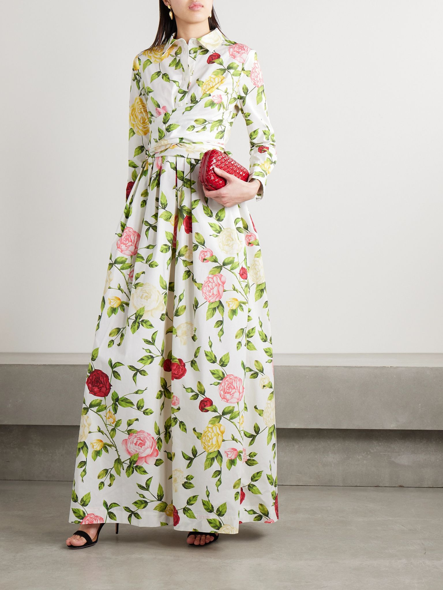 Wrap-effect floral-print cotton-blend poplin midi shirt dress Green - 2