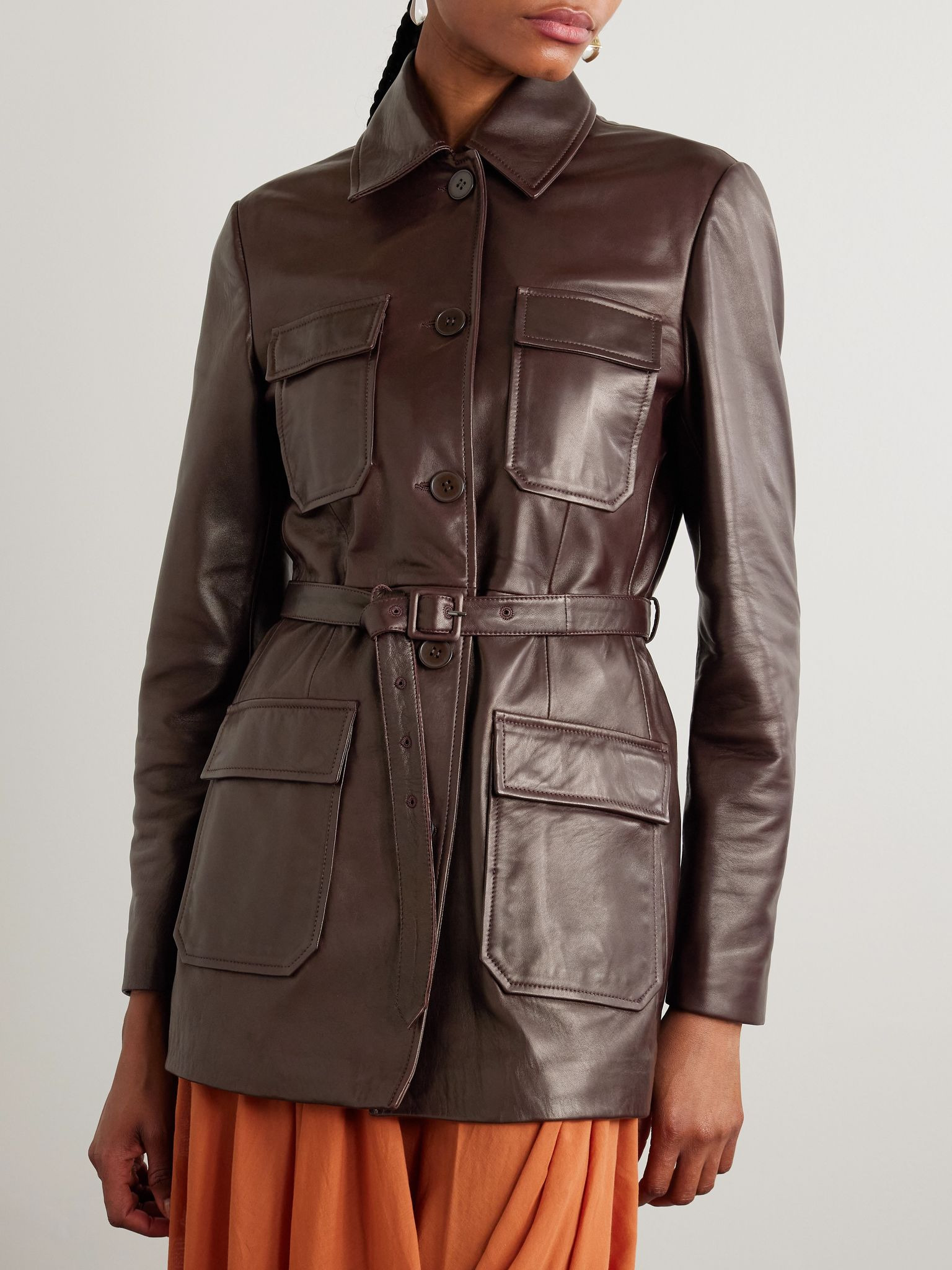 Ramona belted paneled leather jacket Burgundy - 3