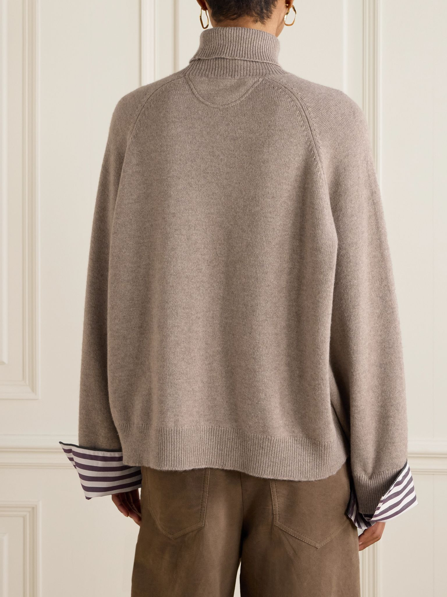 Striped poplin-trimmed cashmere turtleneck sweater Beige - 4