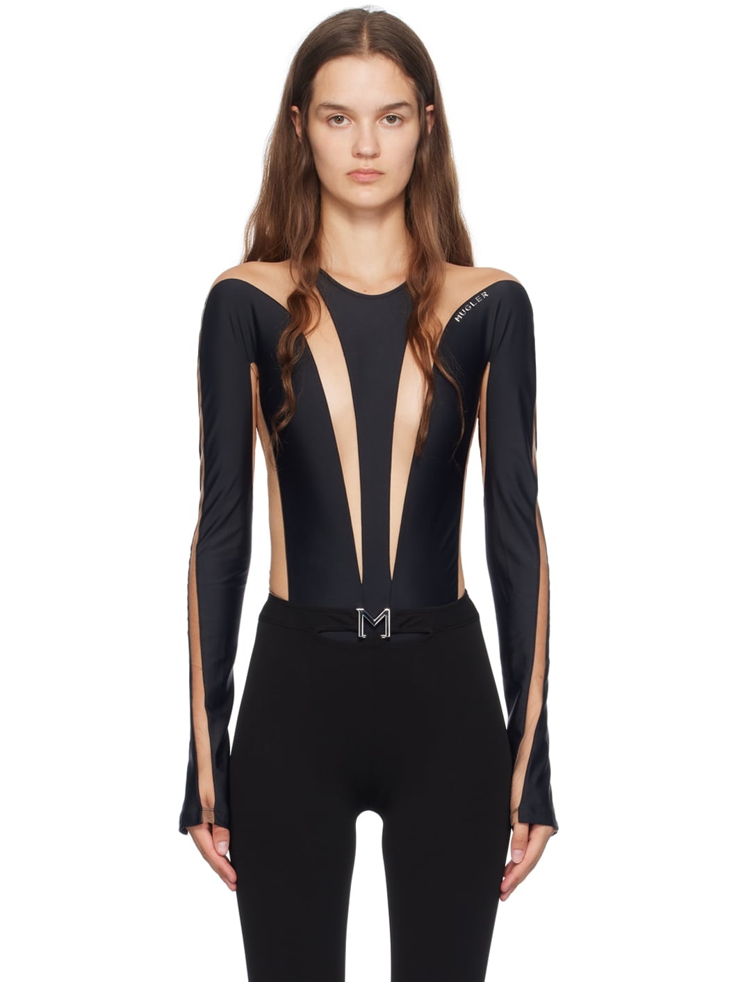Black & Beige Paneled Bodysuit - 1
