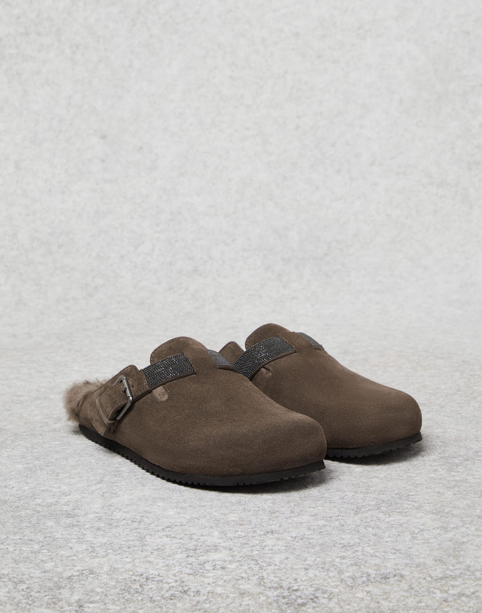 Suede clogs with shearling lining and precious strap - 1