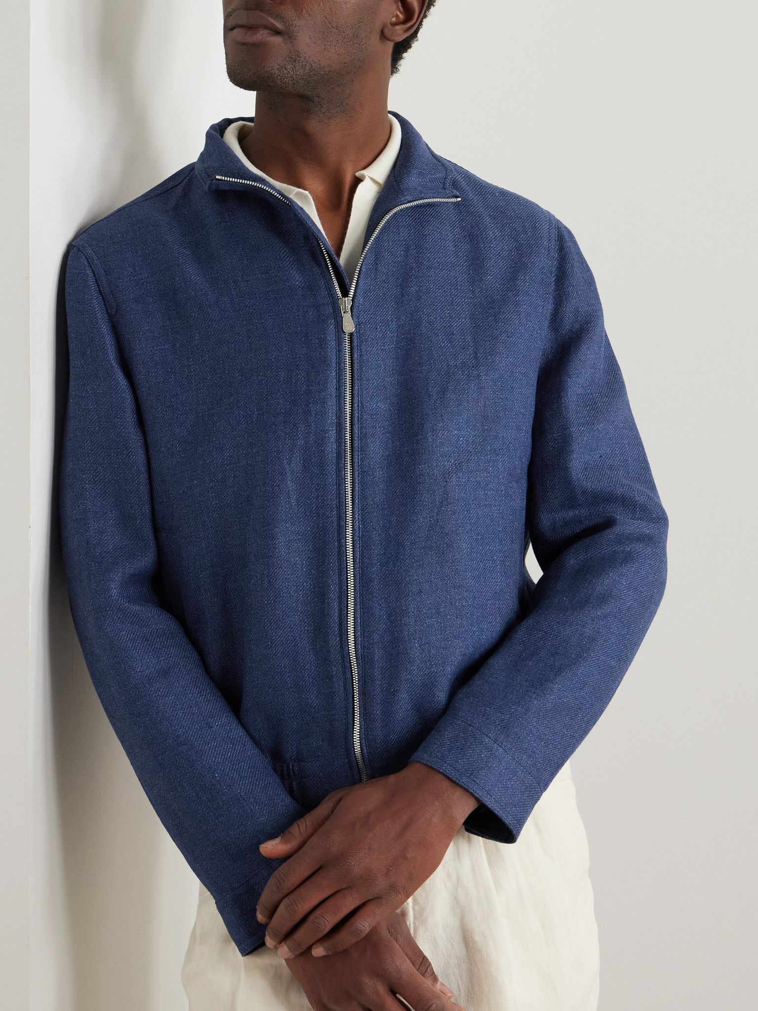 Linen, Wool and Silk-Blend Bomber Jacket Blue - 3