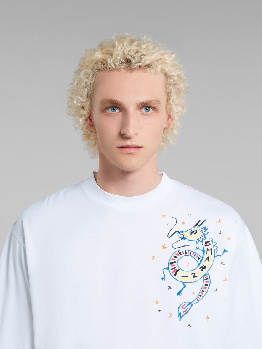 WHITE BIO JERSEY T-SHIRT WITH DRAGON PRINT - 4