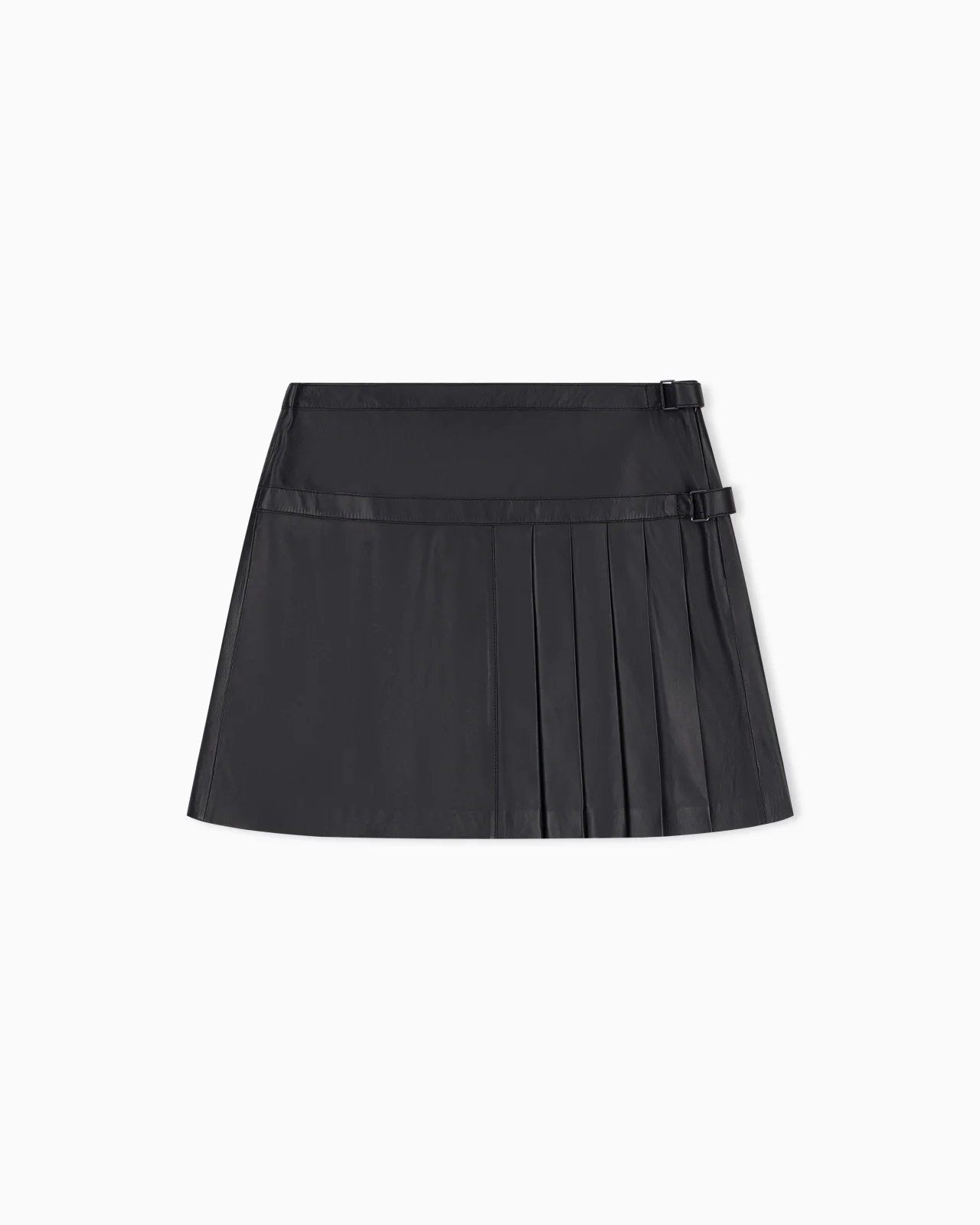FLARED LEATHER MINISKIRT WITH FRONT PLEATS AND DUAL BELTS - 1