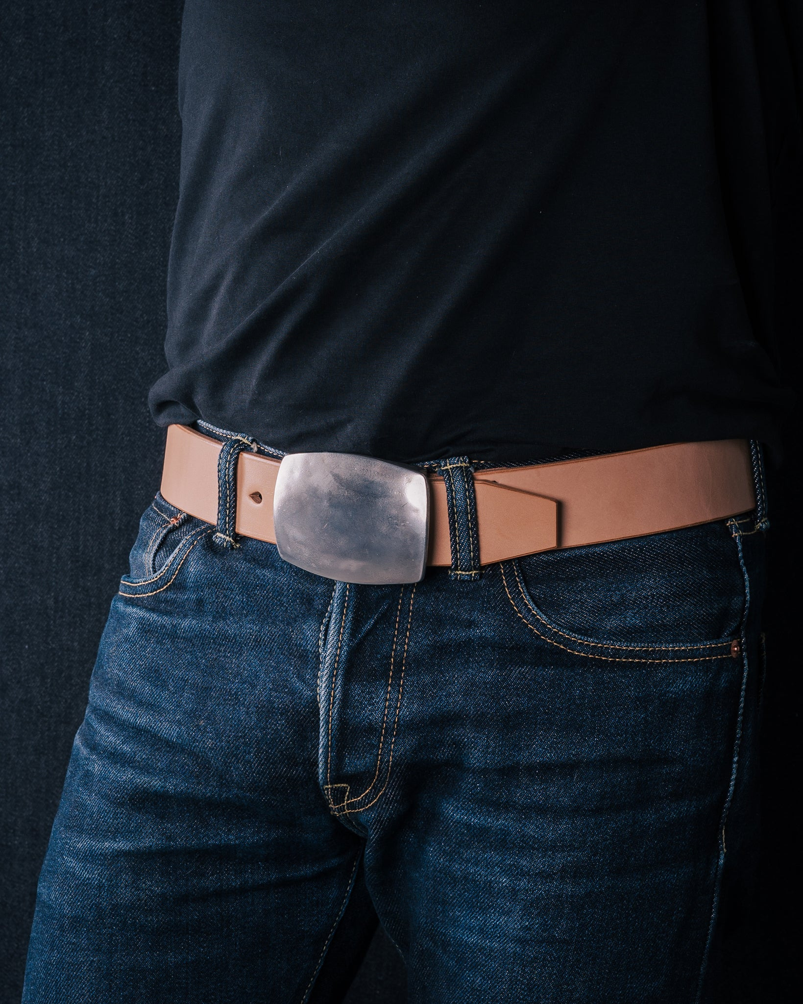 IHB-09-NATP Heavy Plate Pewter Buckle Tochigi Leather Belt - Natural - 2