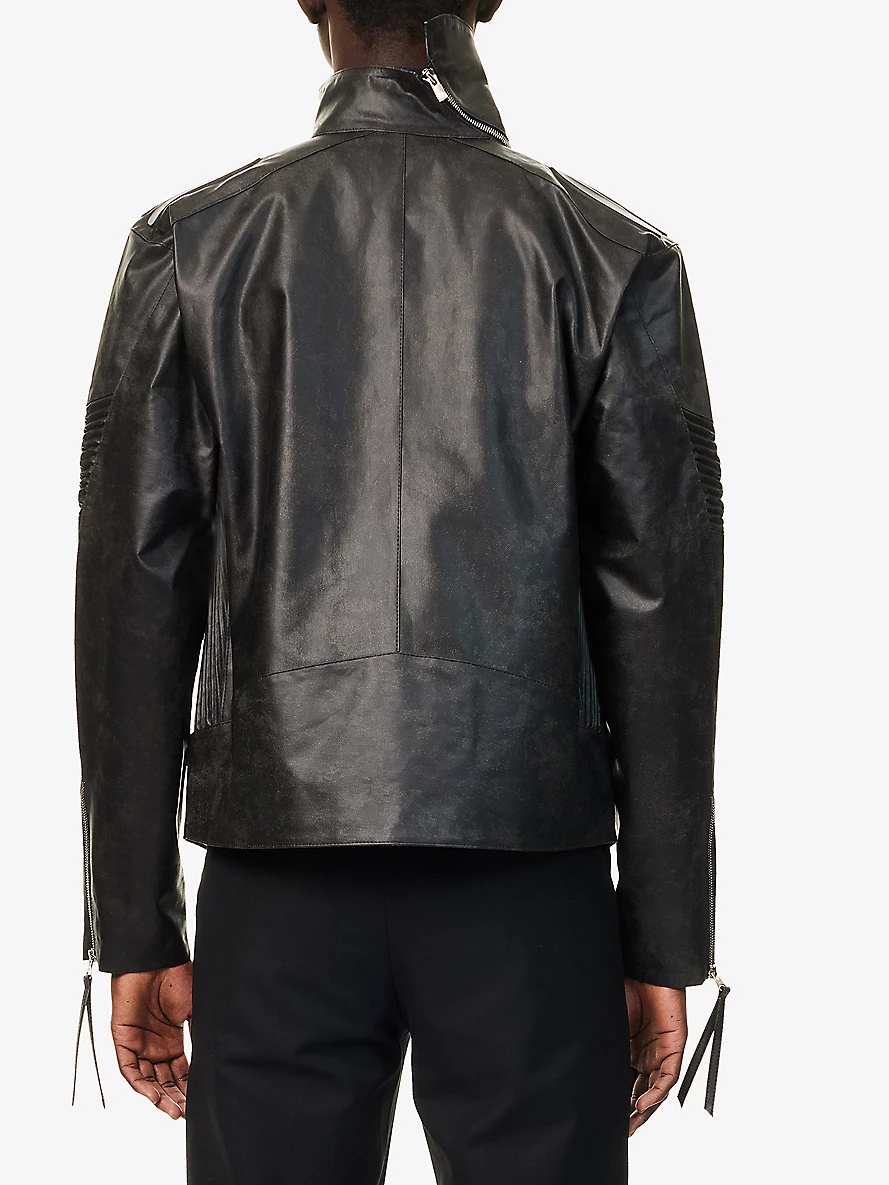 Asymmetrical-Neck Zip-Up Leather Jacket - 4