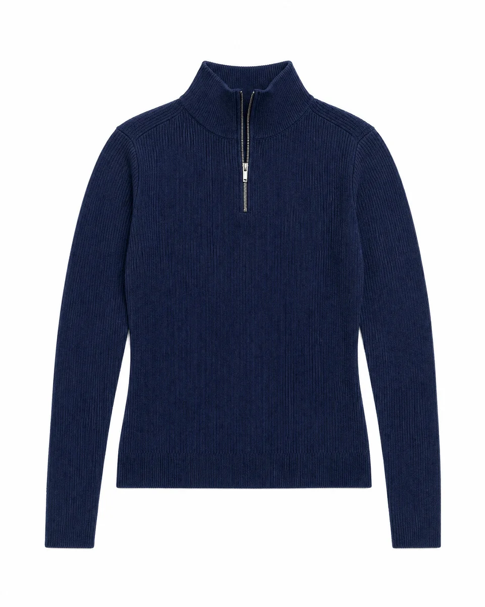 NAVY MERINO WOOL RIBBED SWEATER - 1