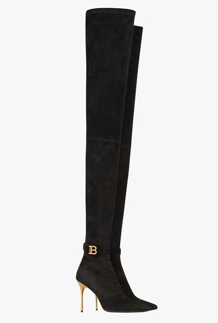 Black stretch suede Raven thigh-high boots with monogram strap - 2