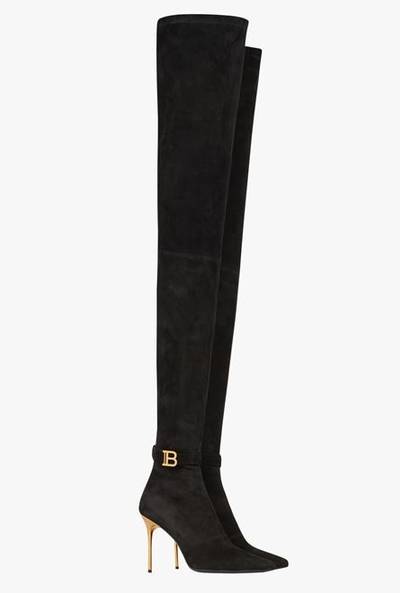 Balmain Black stretch suede Raven thigh-high boots with monogram strap outlook