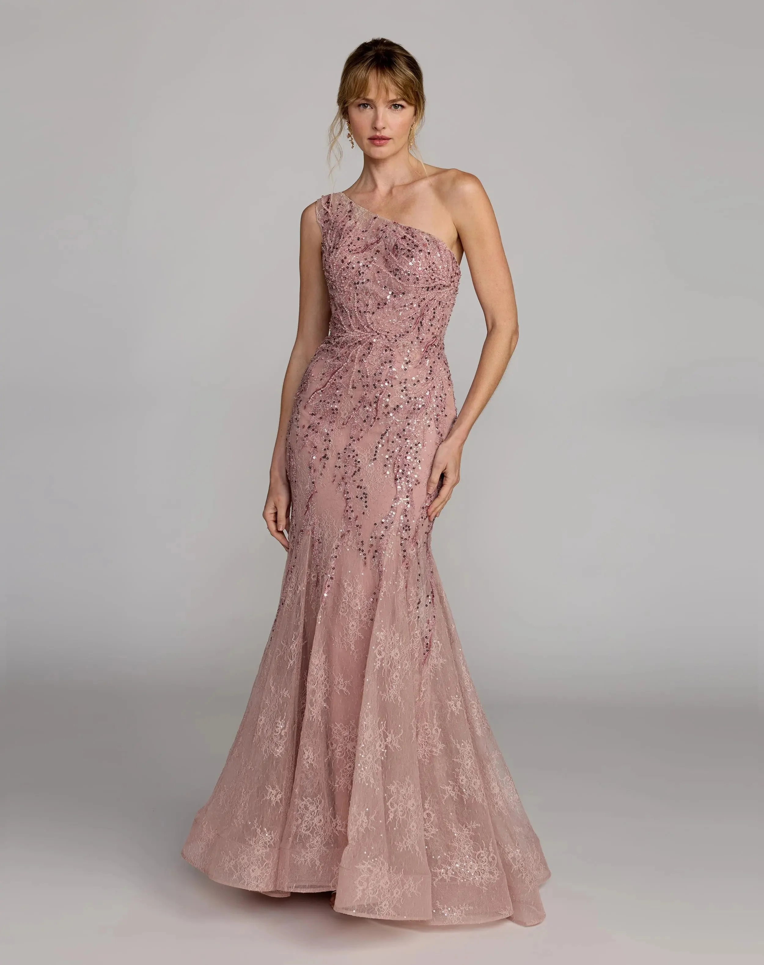 Rose Embellished Lace One Shoulder Mermaid Gown - 1