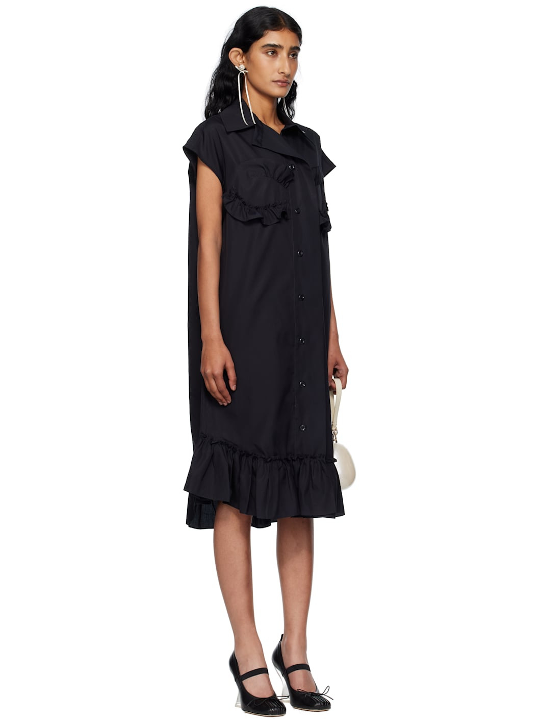 Black Sleeveless Ruffle Bust Detail Midi Dress - 2
