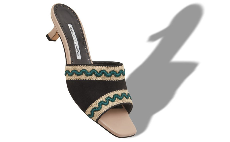 Manolo Blahnik Light Beige and Black Suede Knitted Detail Mules outlook