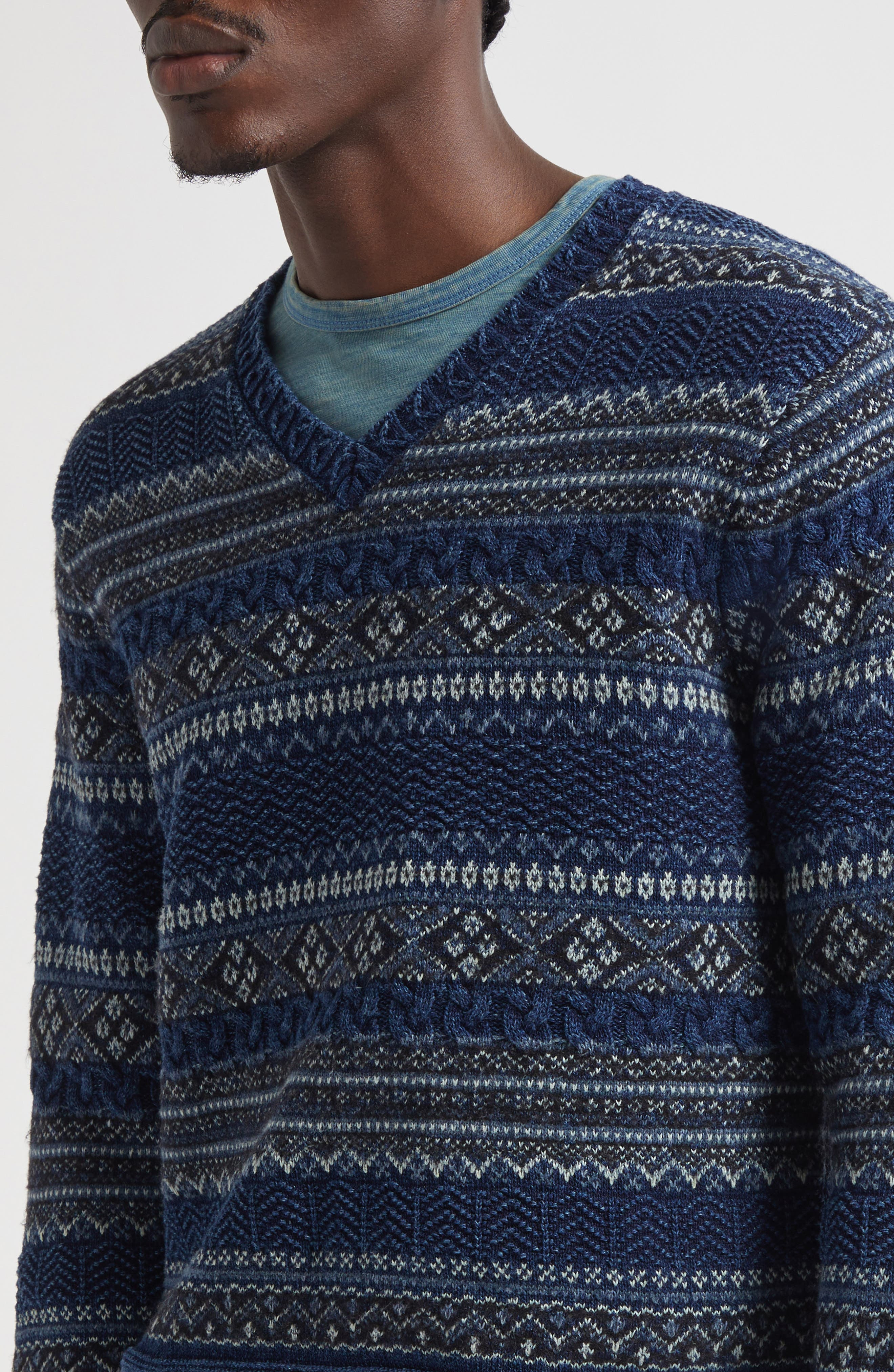 Double RL Indigo Stripe Cotton & Linen V-Neck Sweater in Indigo Multi at Nordstrom - 5