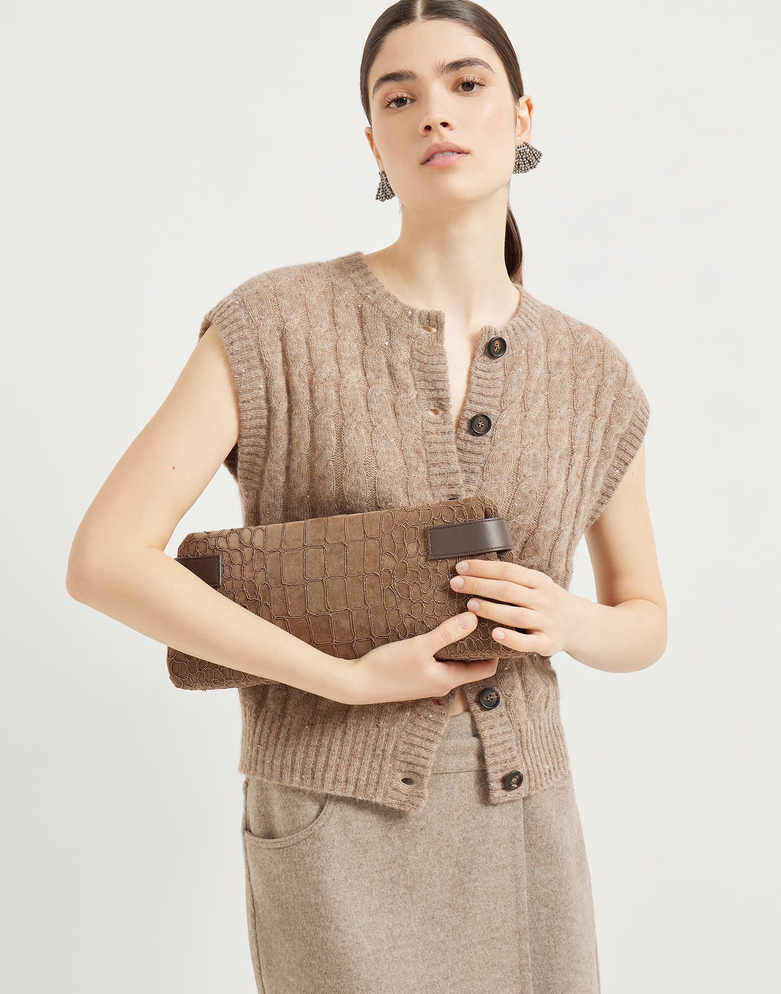Essence pouch bag in suede with precious croc embroidery and bands - 4