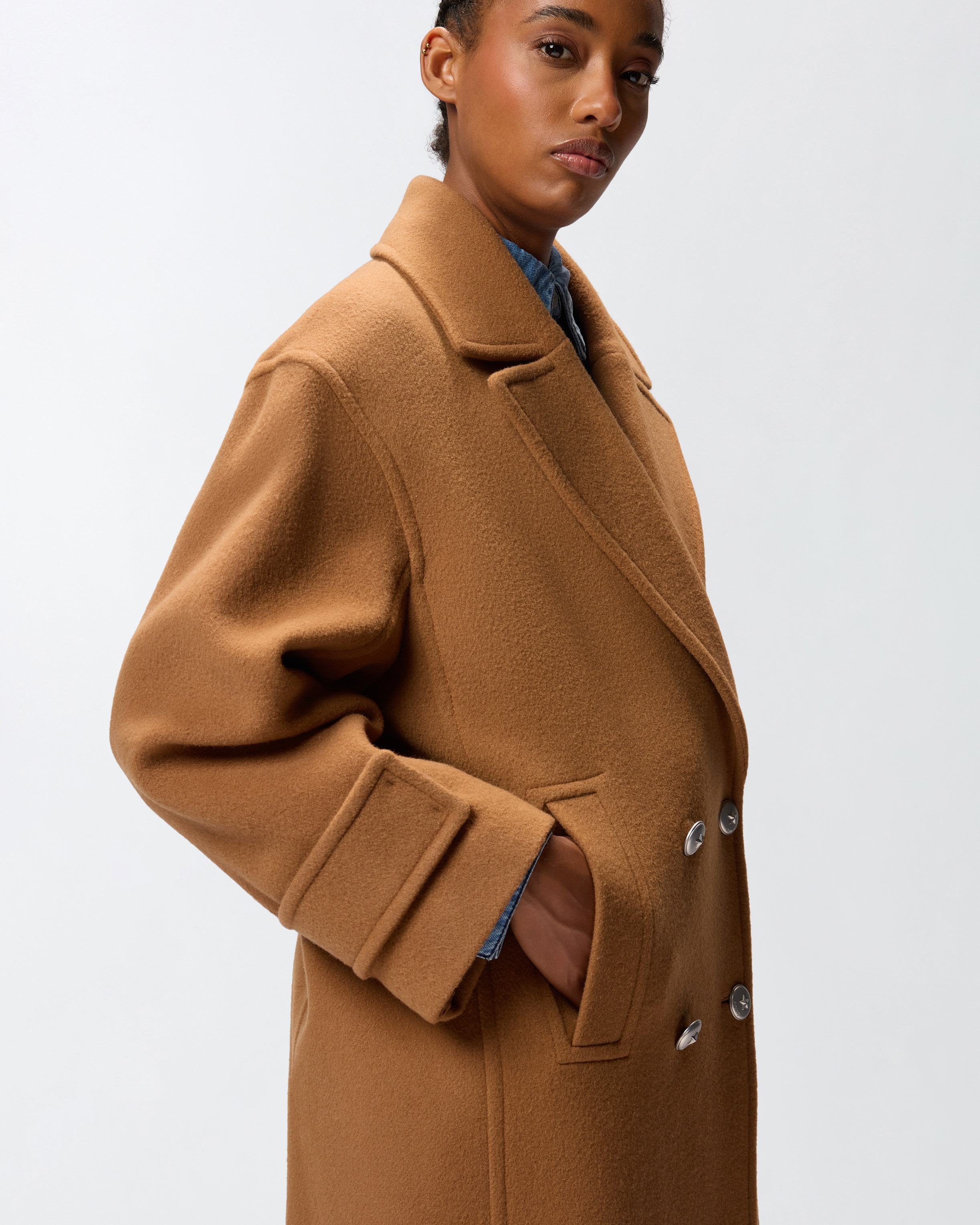 LONG DOUBLE-BREASTED WOOL-BLEND CLOTH COAT - 5