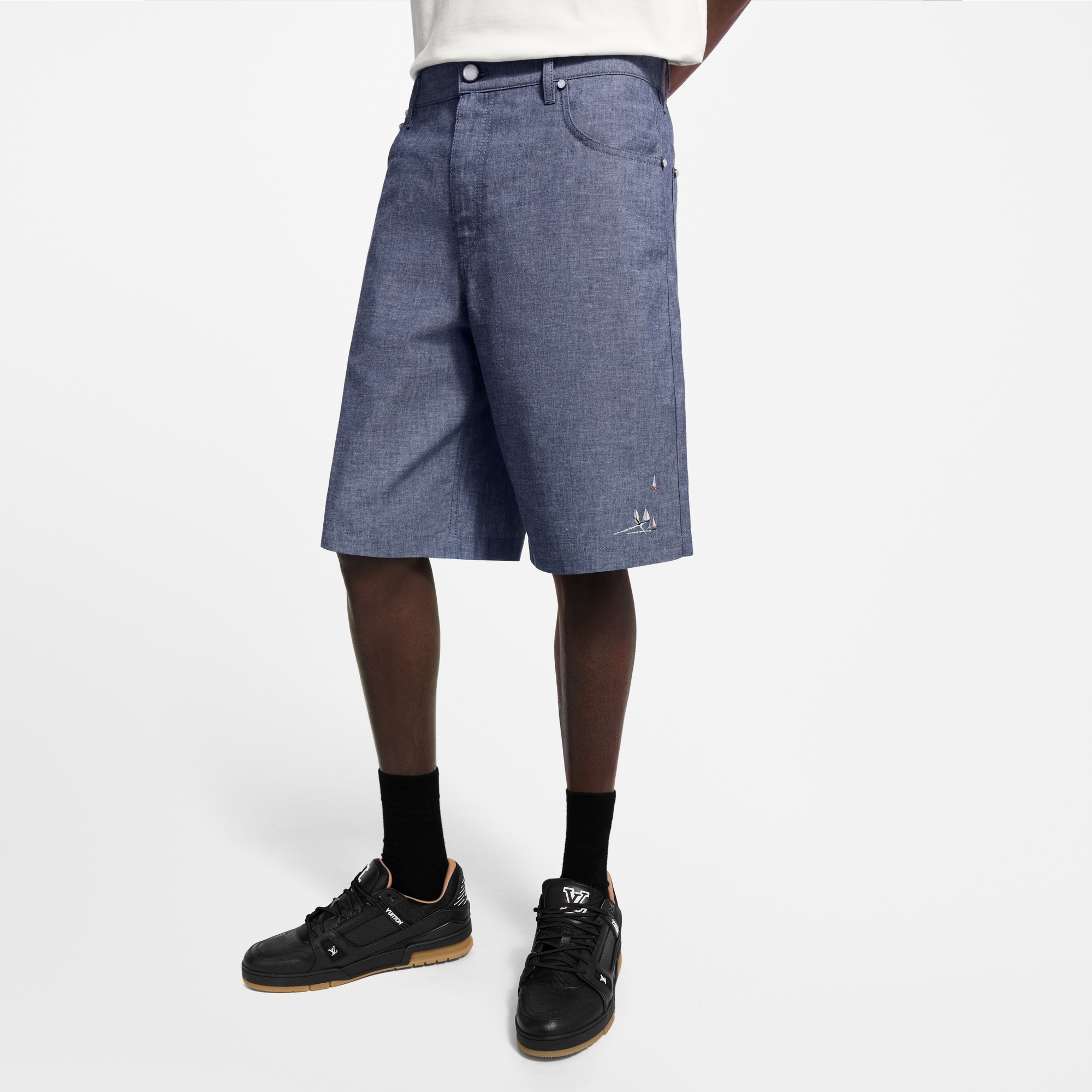 Embroidered Chambray Shorts - 2