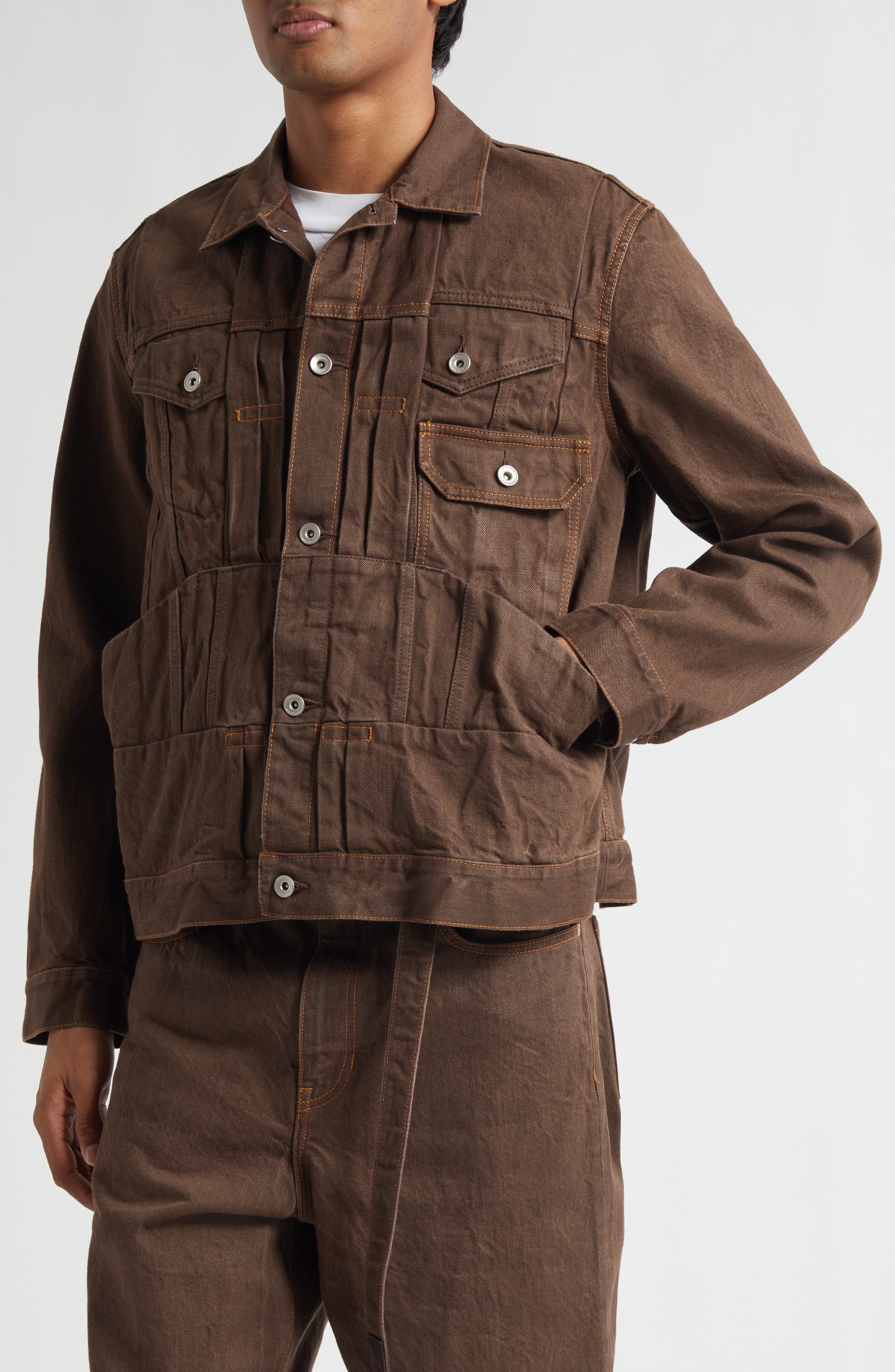 Sacai Denim Trucker Jacket in Brown at Nordstrom - 4
