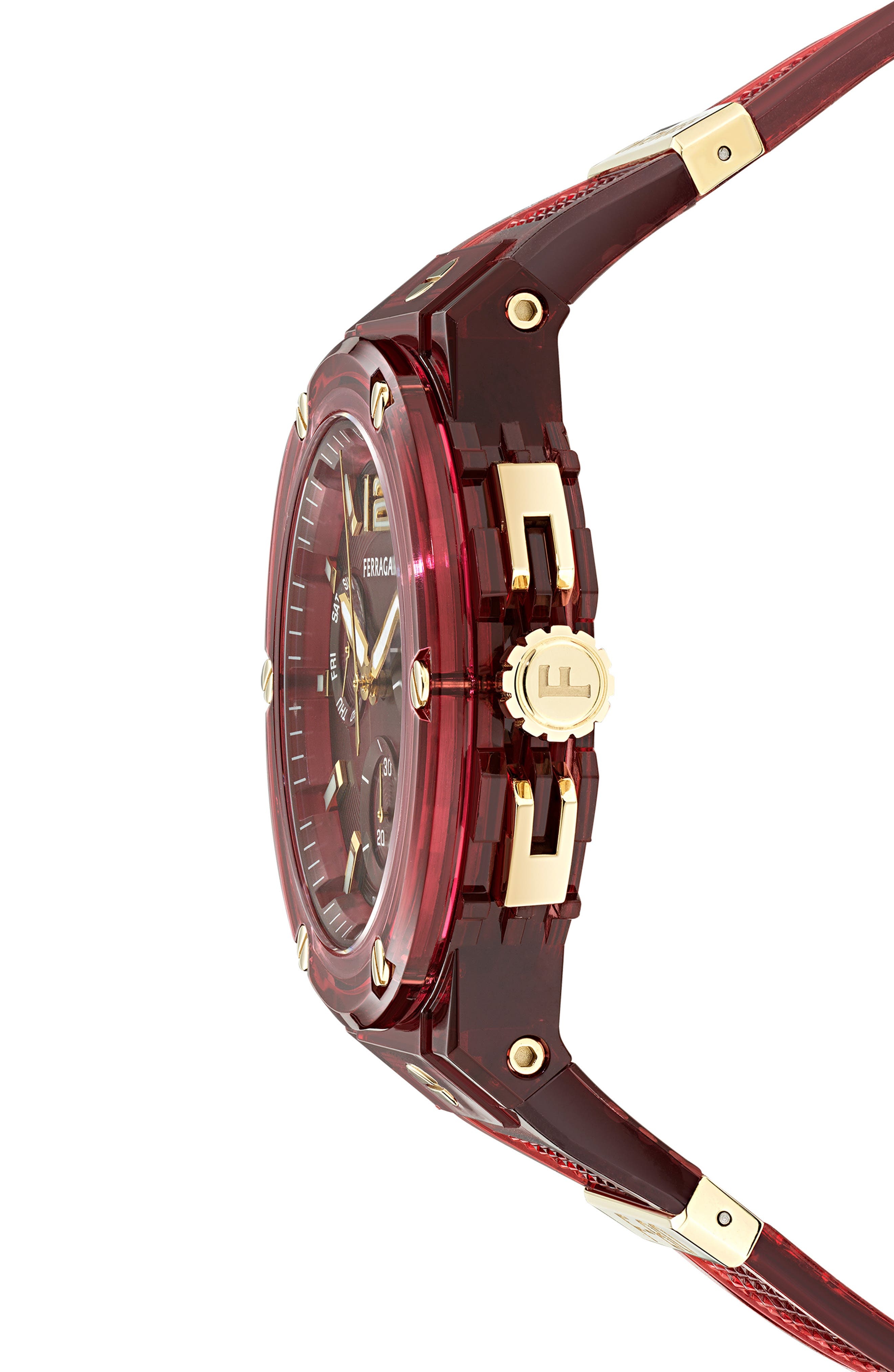 FERRAGAMO F-80 Translucent Chronograph Recycled Polyurthane Strap Watch, 44mm in Burgundy at Nordstr - 4