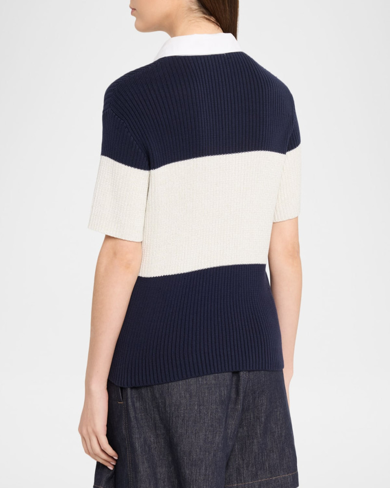 Shimmering Striped Cotton Rib Short-Sleeve Polo Sweater 3