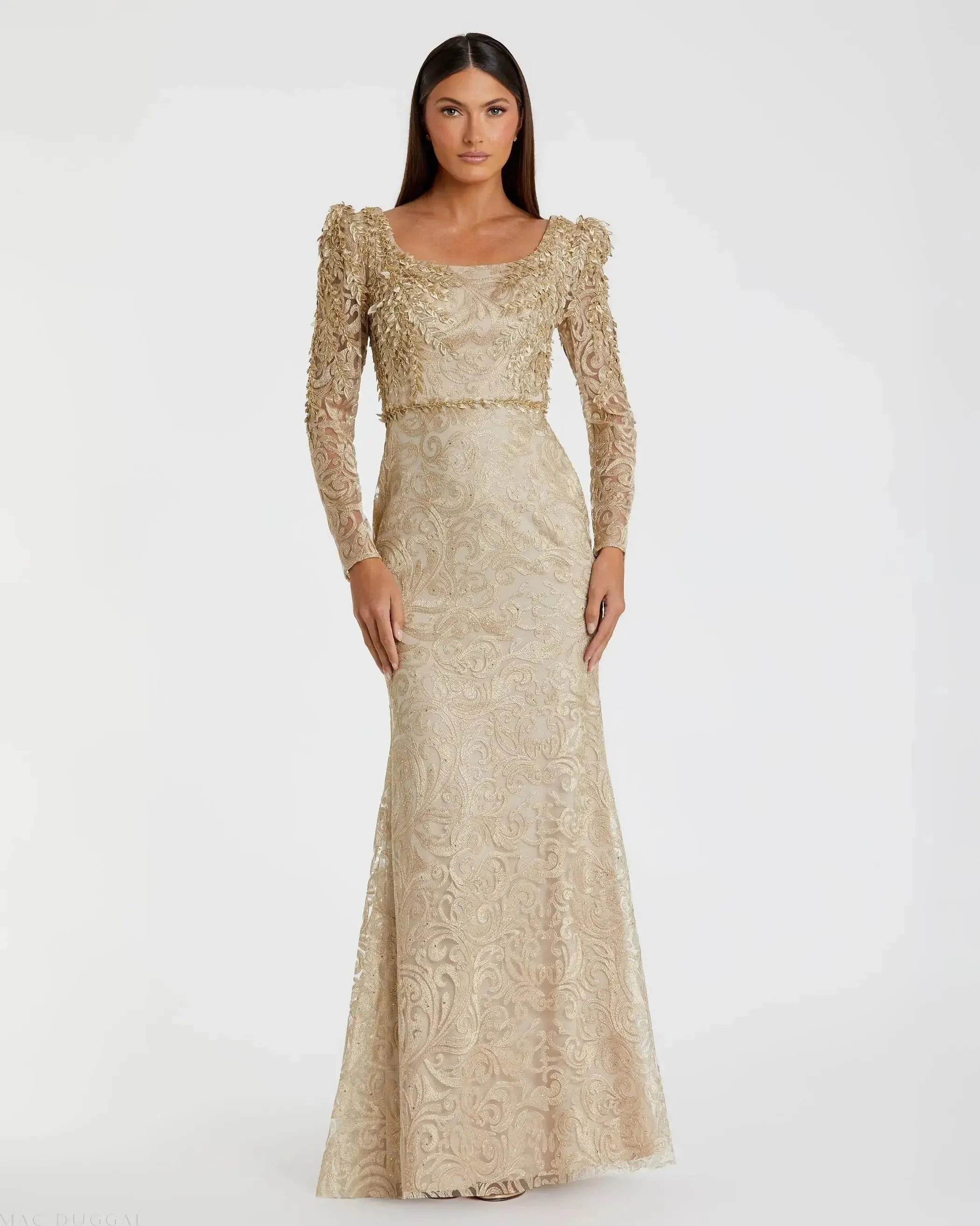Gold Long Sleeve Embroidered Applique Trumpet Gown - FINAL SALE - 1