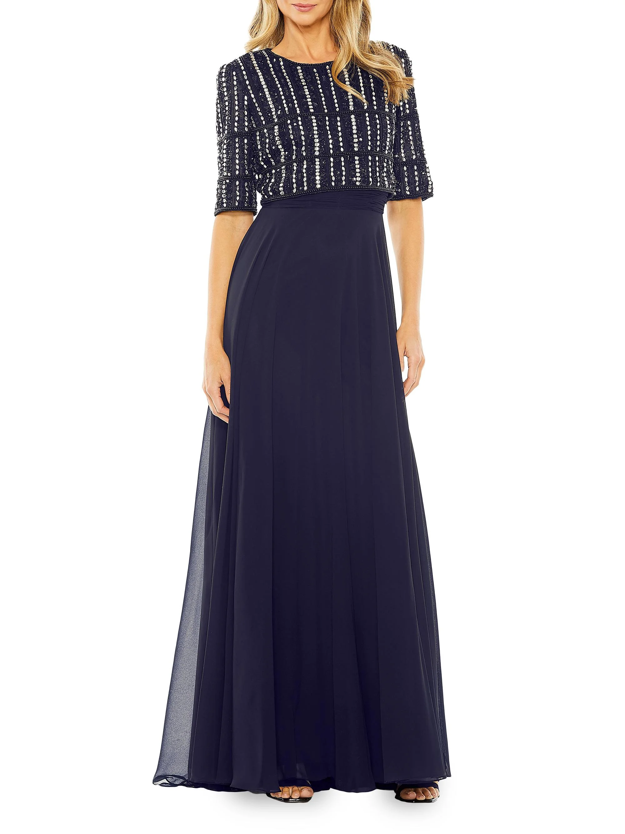 Women's Bead-Embellished Chiffon Gown - Midnight - 1