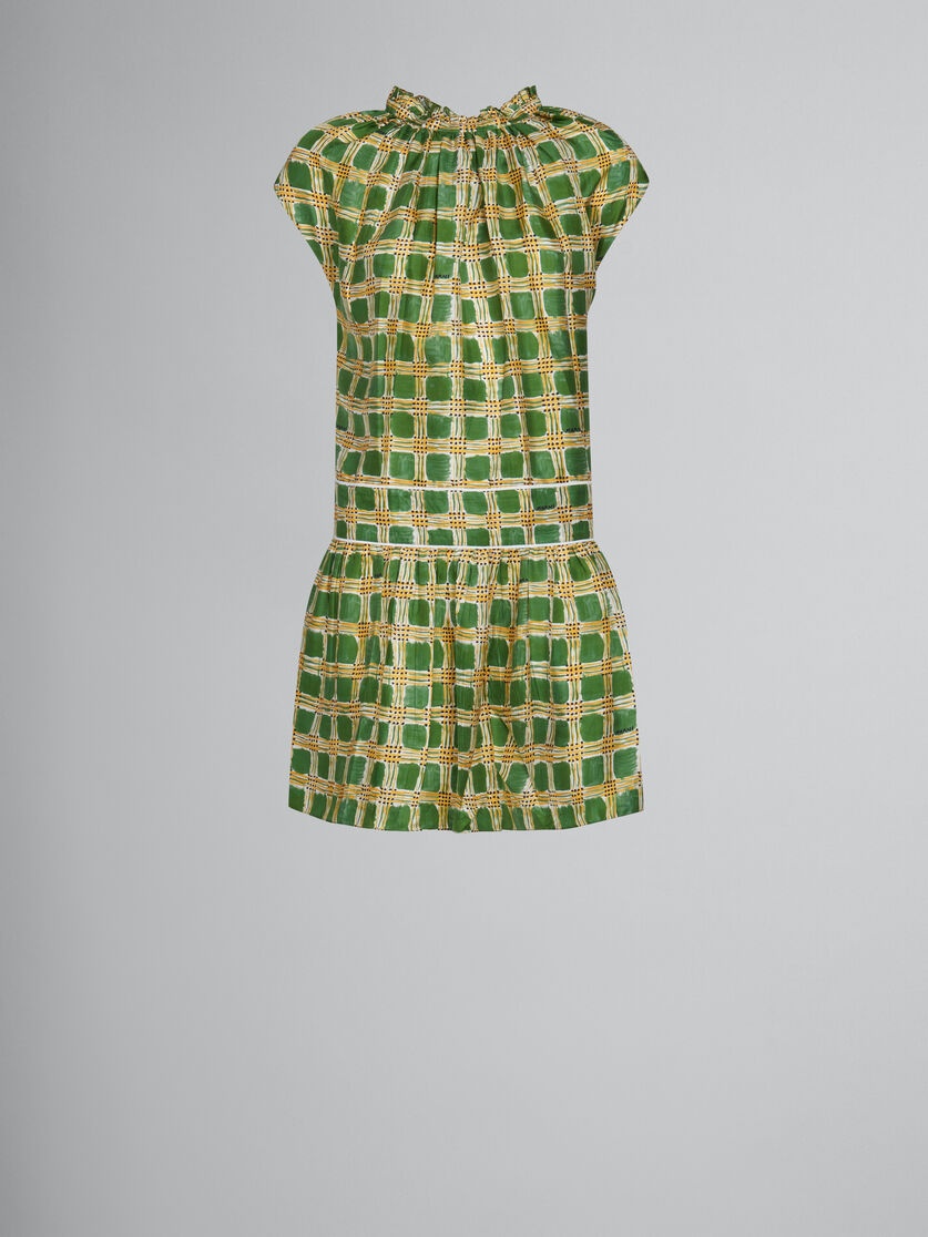GREEN SILK TWILL DRESS WITH CHECK FIELDS PRINT - 1