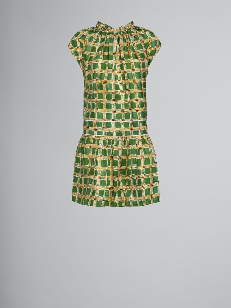 GREEN SILK TWILL DRESS WITH CHECK FIELDS PRINT 1