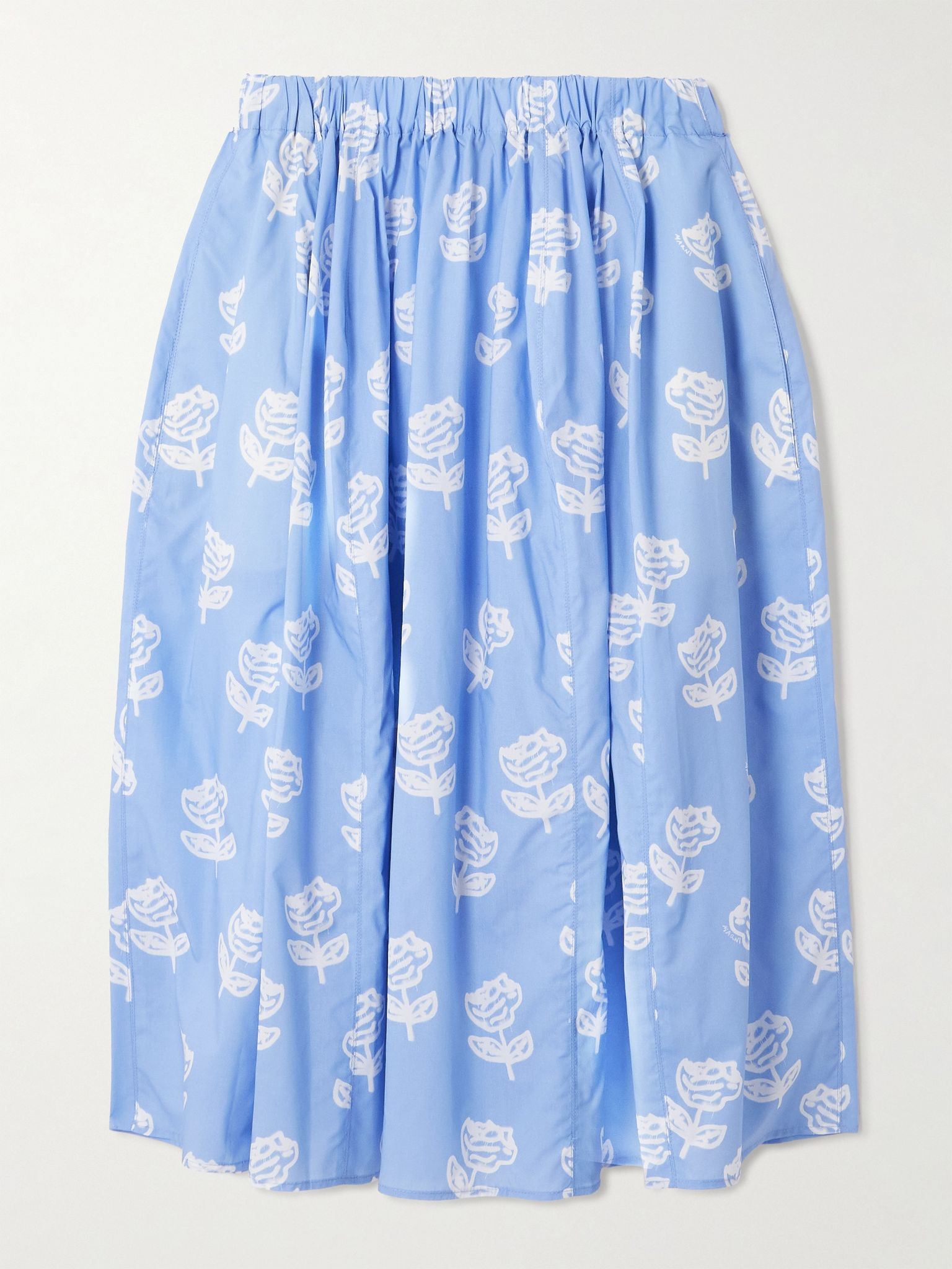 Pleated floral-print cotton-poplin midi skirt Light blue - 1