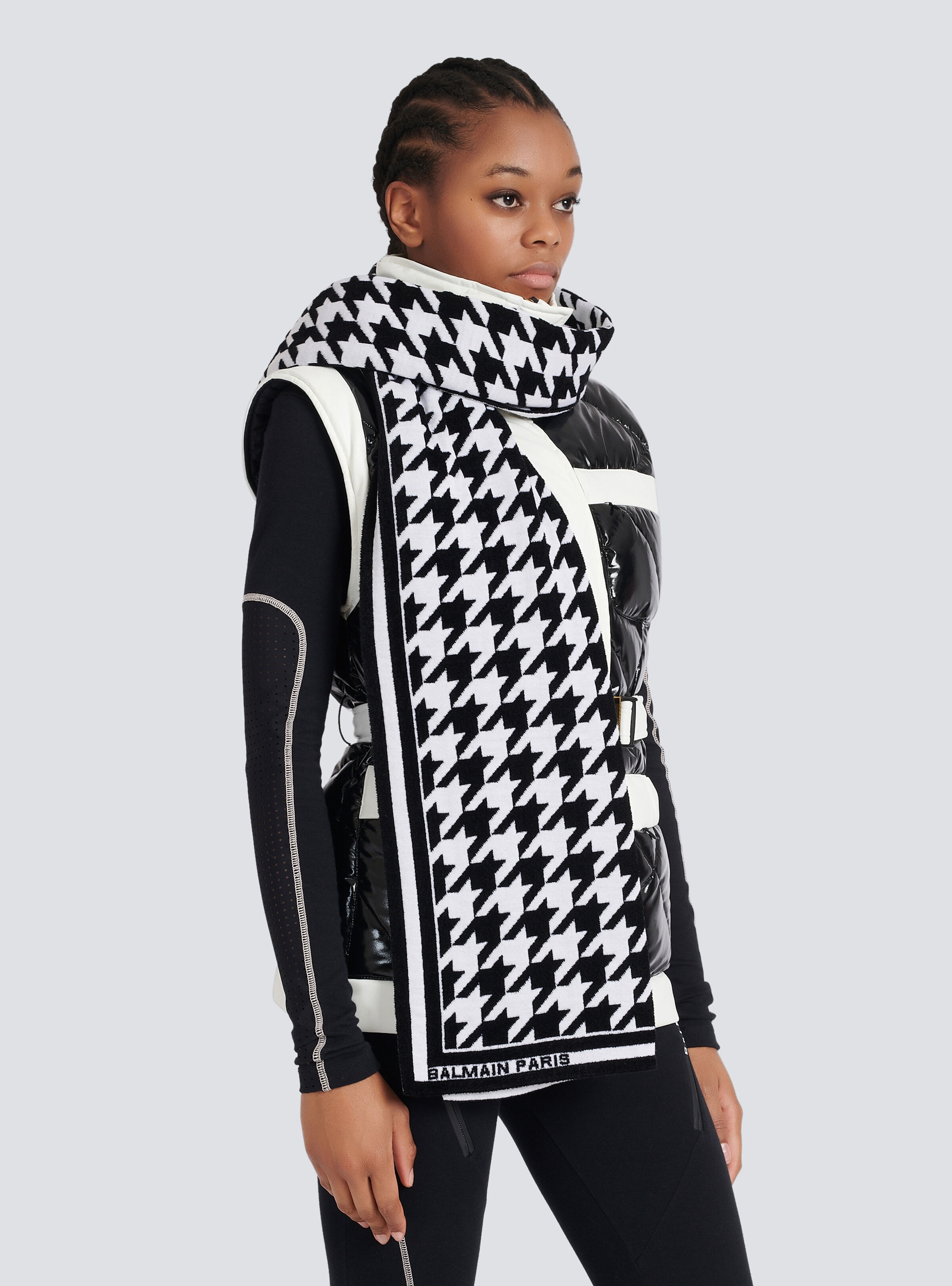 Houndstooth print wool and velvet scarf - 3