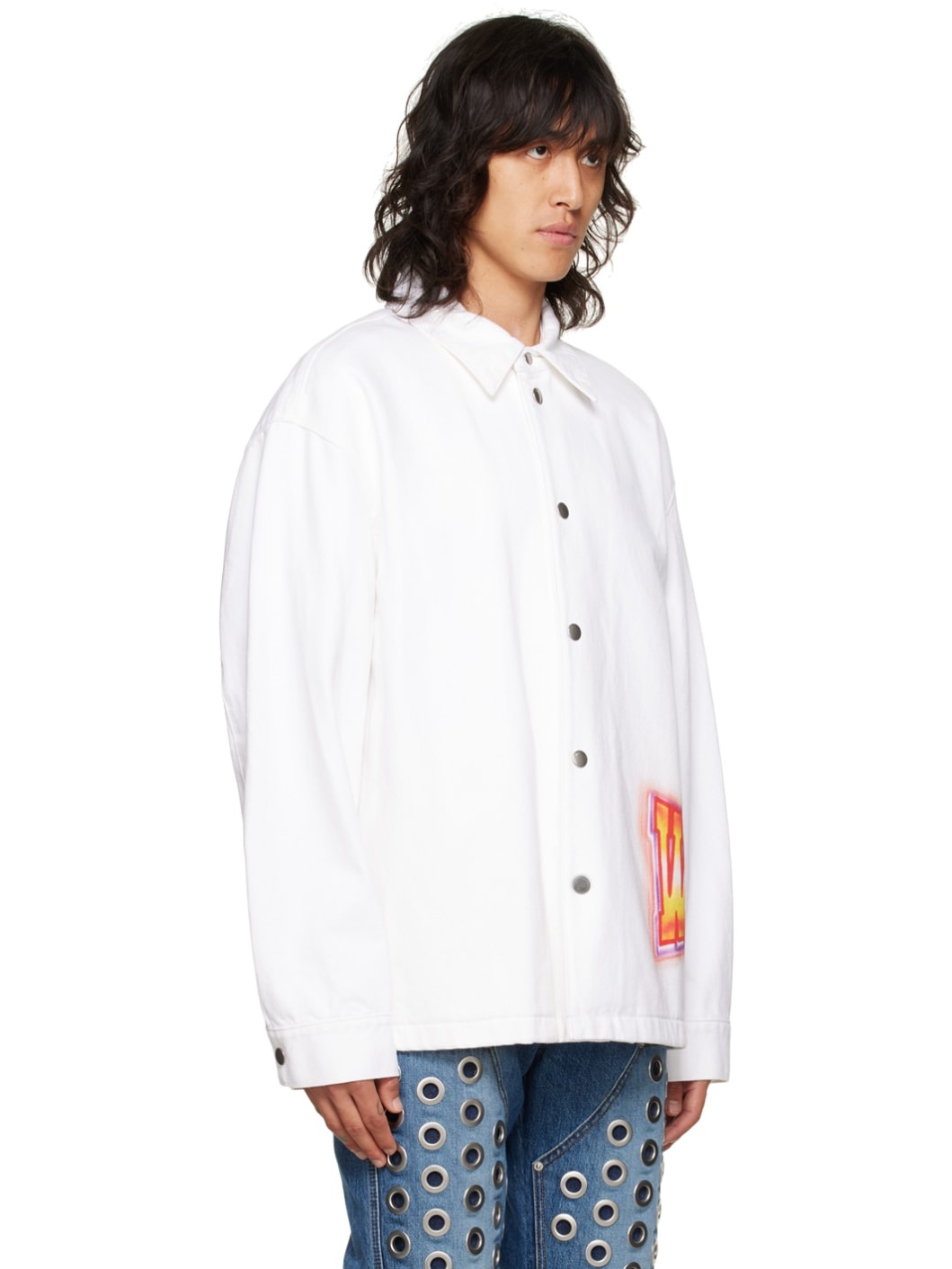 White Printed Denim Jacket - 2