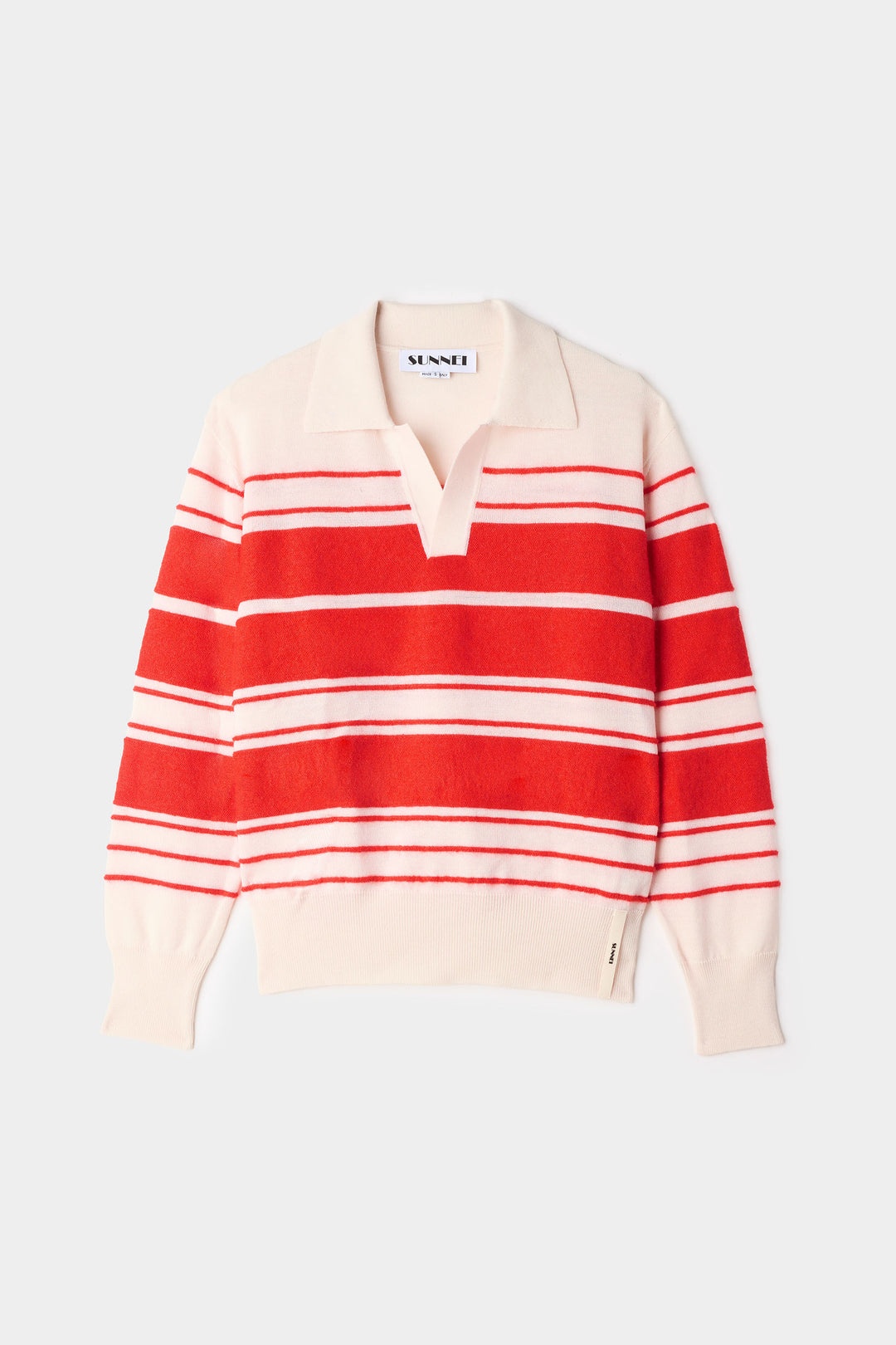 STRIPED KNIT LONSGLEEVE POLO / off white & acid red - 2