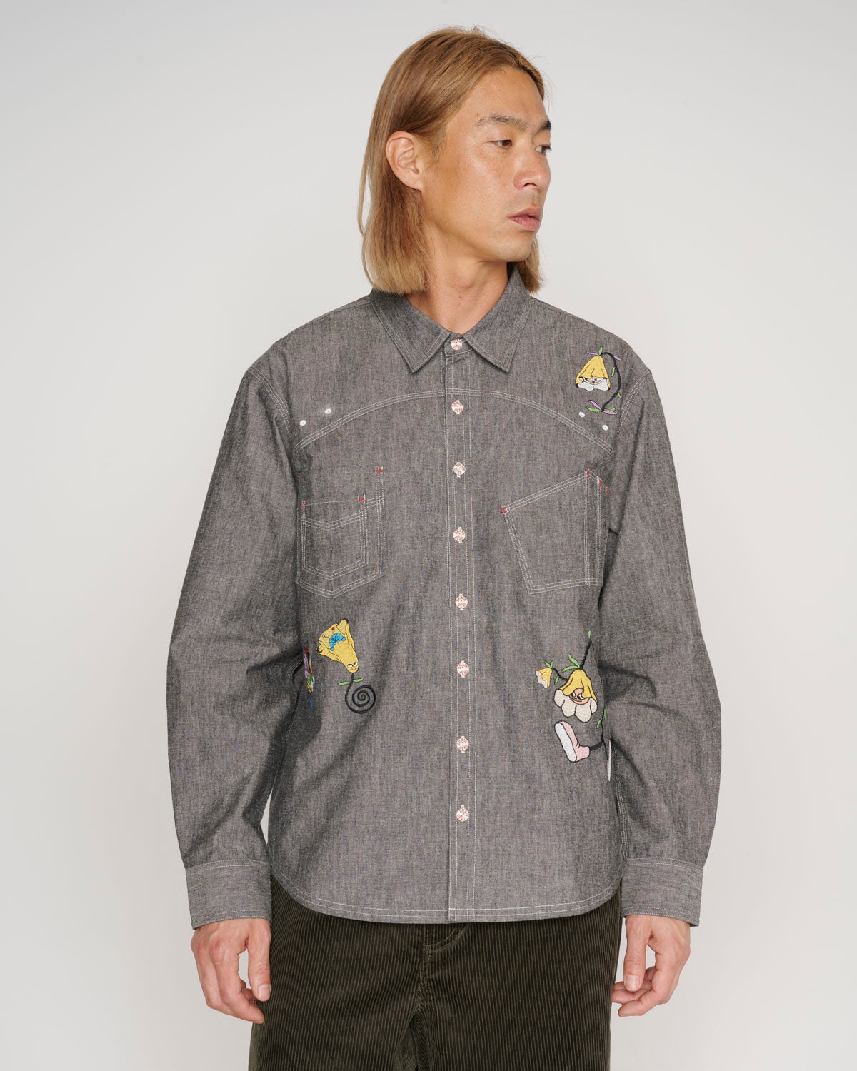 Garden Party Chambray Button Up Shirt - Gray - 5