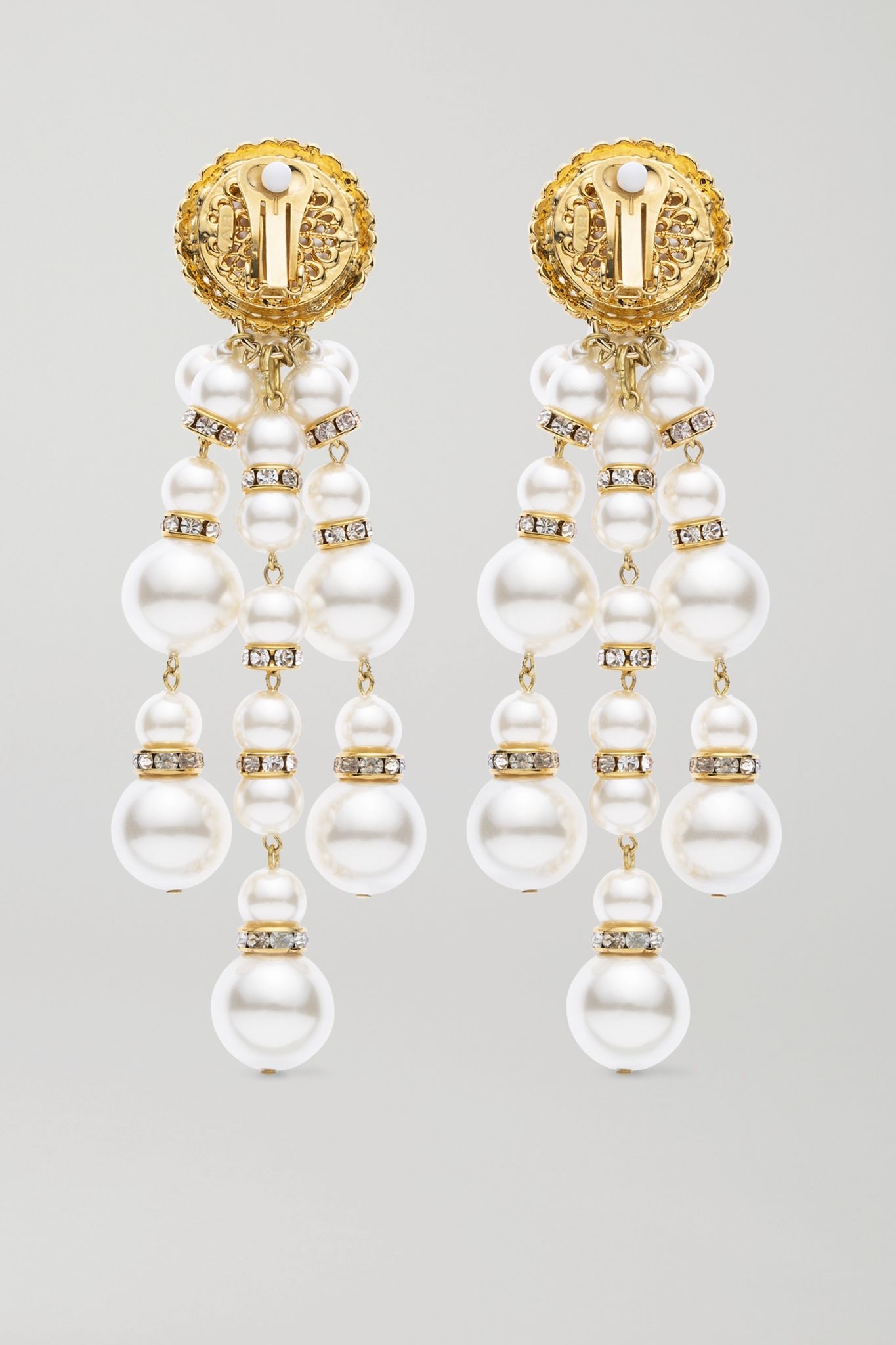 Oversized gold-plated, faux pearl and crystal clip earrings - 3