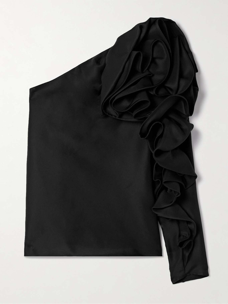 One-sleeve ruffled silk-gazar top Black - 1