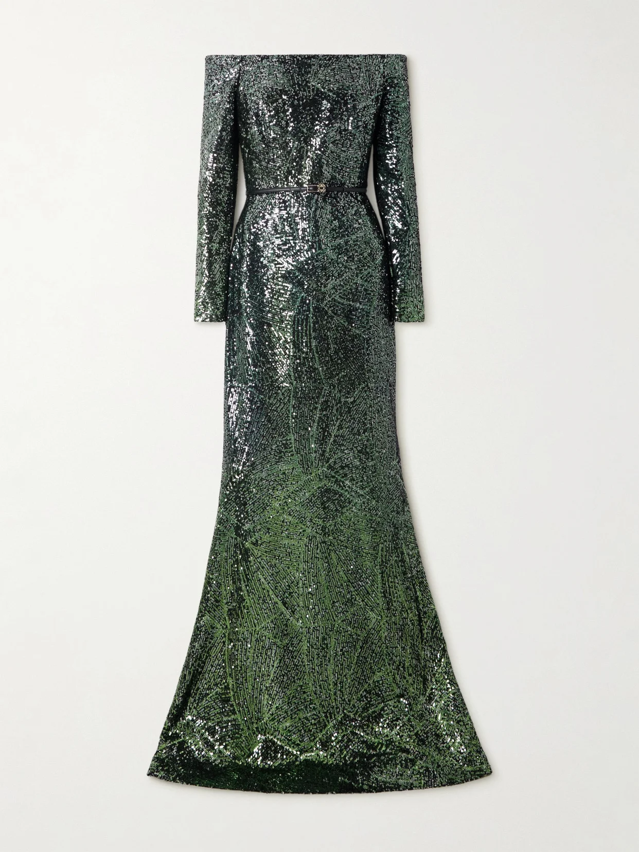 Off-the-shoulder Belted Sequined Silk-blend Gown - 1